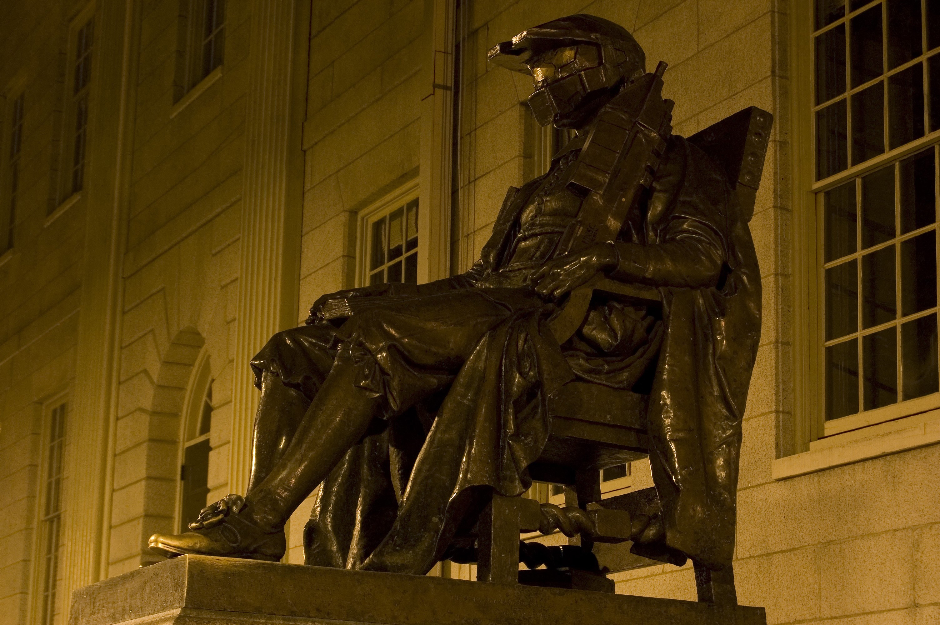 Master Chief from Halo statue sitting on a chair HD Wallpaper