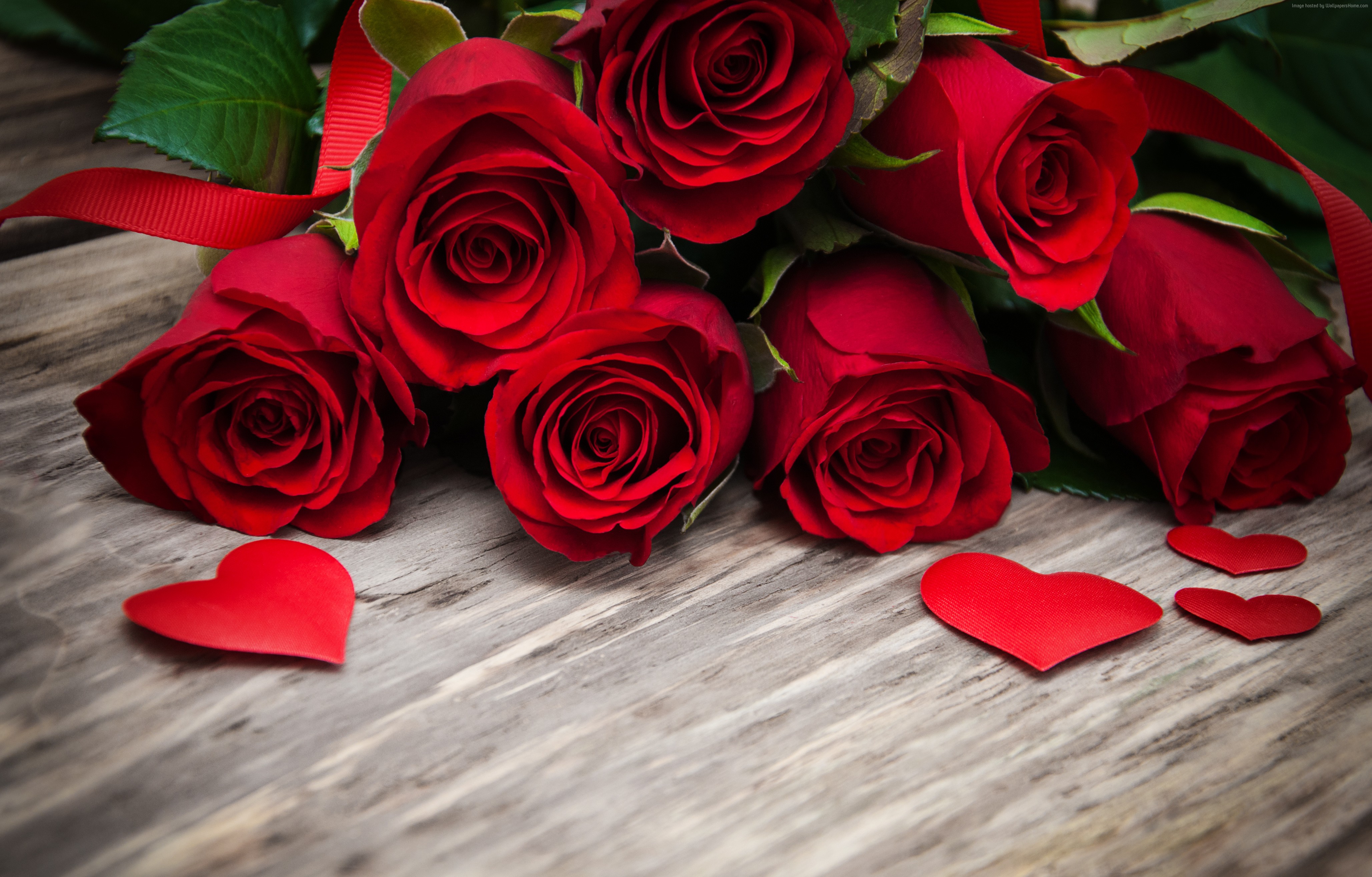 Red Roses and Hearts on Wooden Surface 4K HD Wallpaper