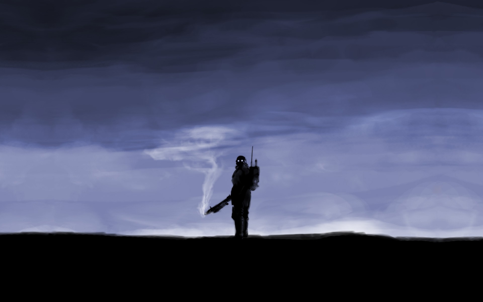 Silhouette of a soldier with a rifle against a cloudy sky HD Wallpaper