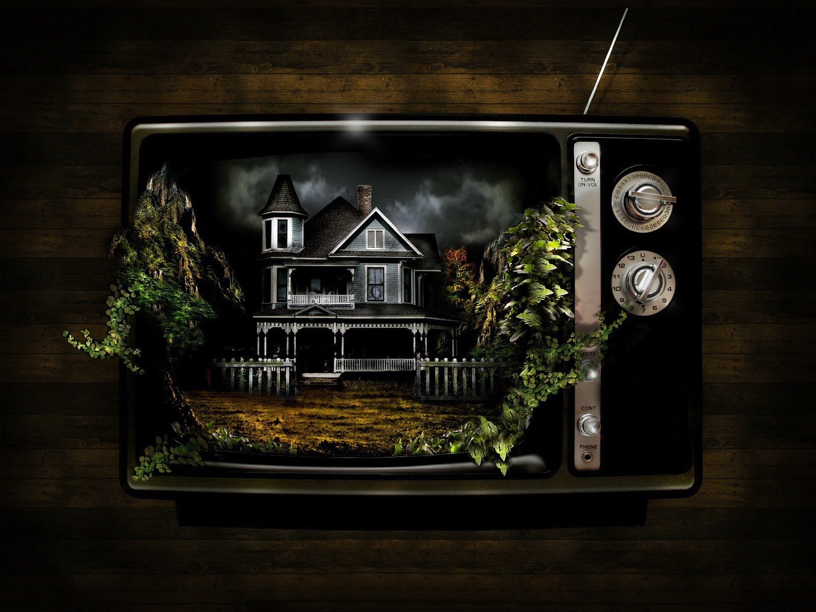 Vintage TV displaying a haunted house scene HD Wallpaper