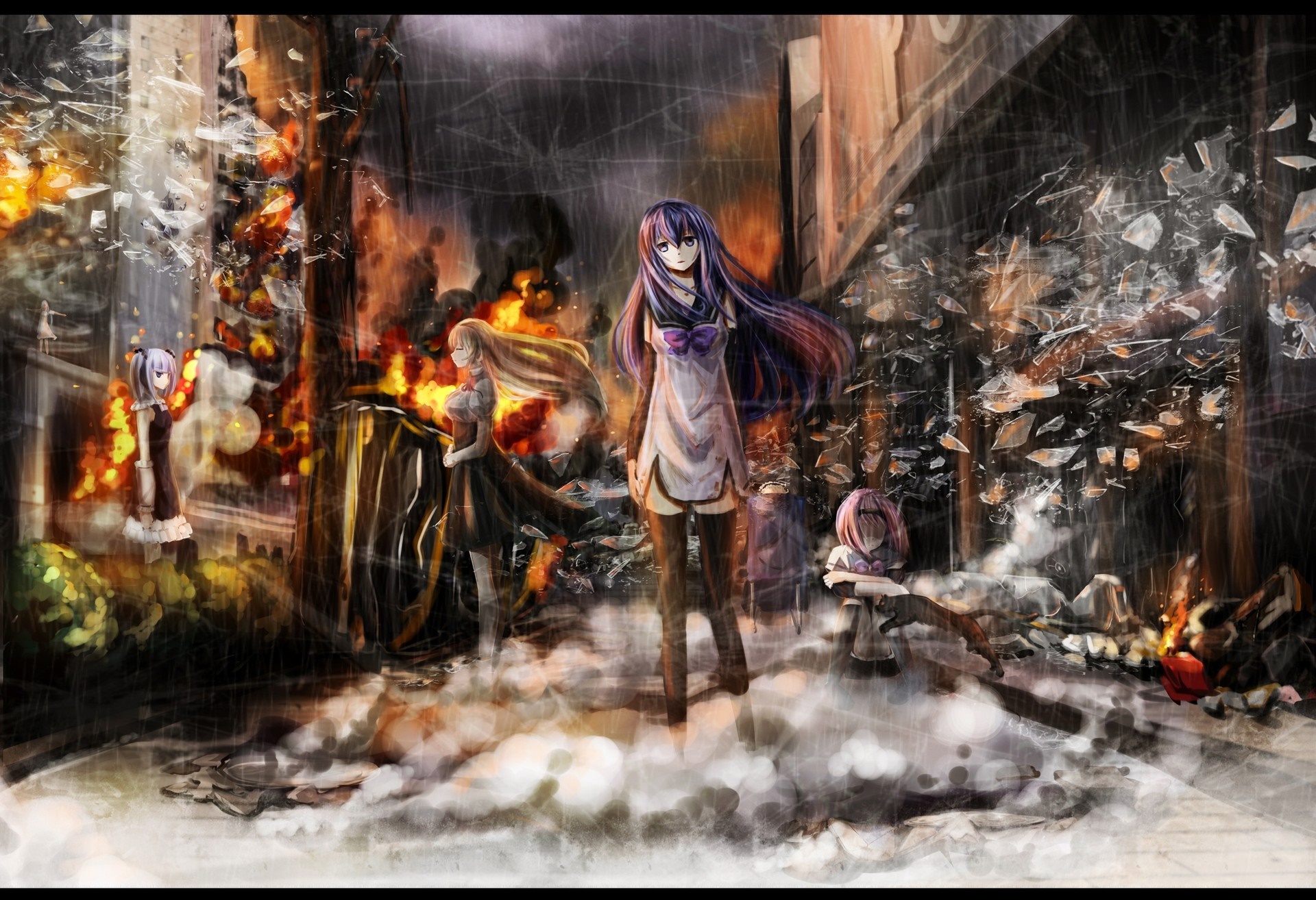 Anime girls in a burning city HD Wallpaper