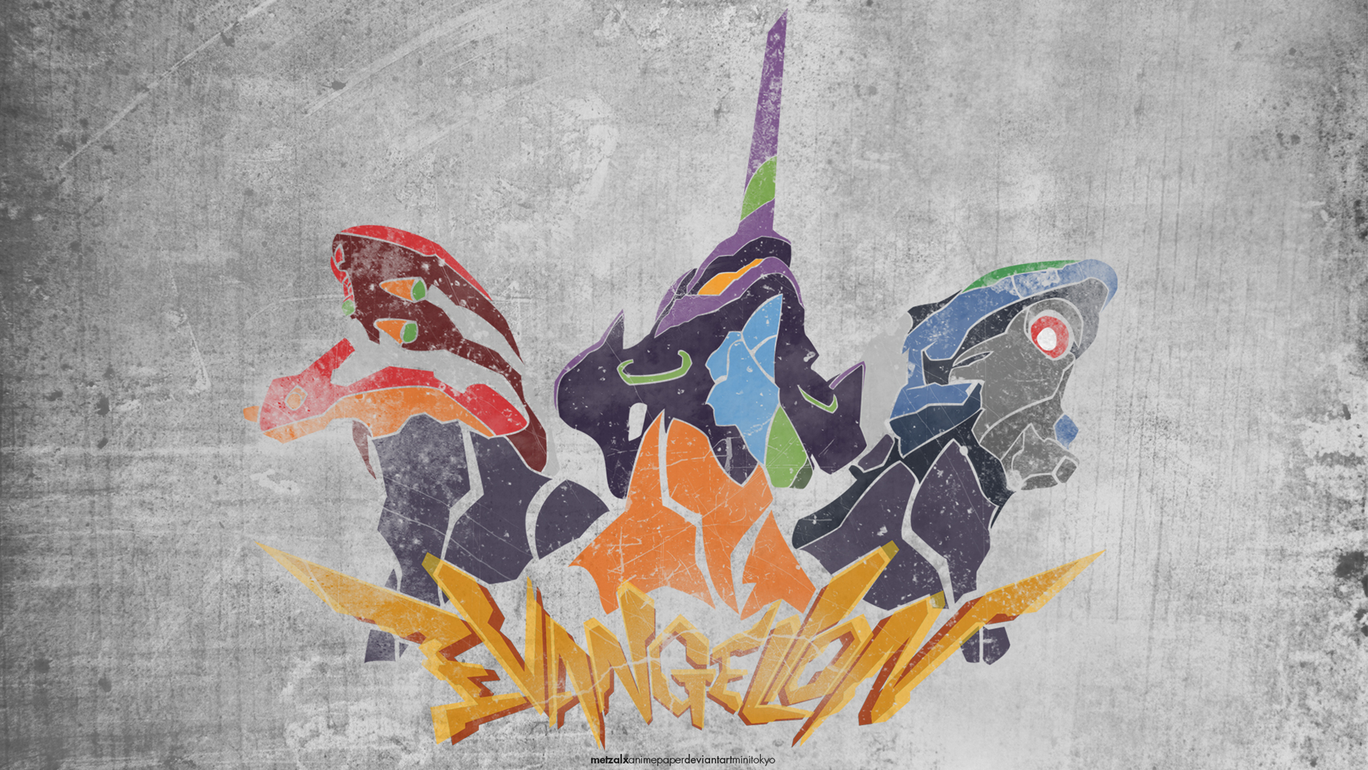 Graffiti-style illustration of Evangelion Units 01, 02, and 00 HD Wallpaper