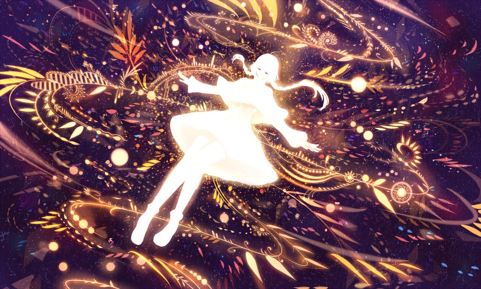 Fantasy art of a glowing girl amidst swirling lights HD Wallpaper