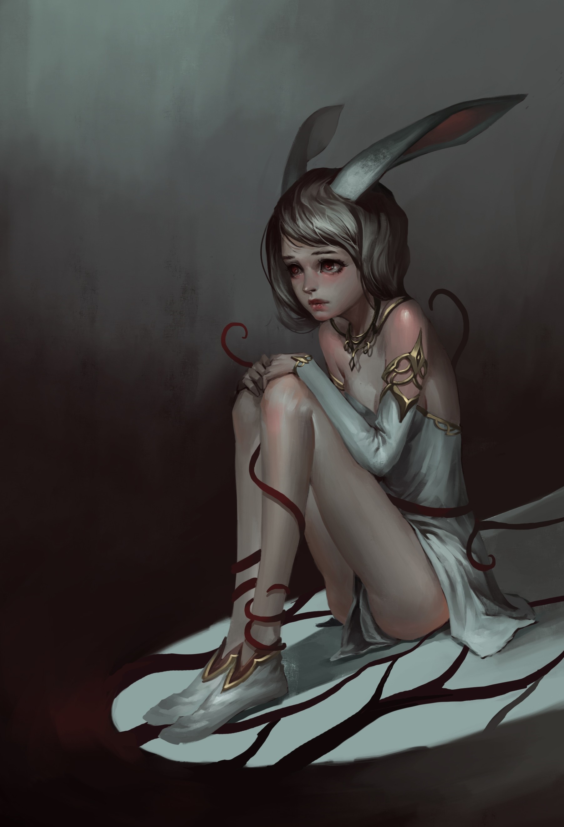 Illustration of a sad bunny-eared girl in a white dress HD Wallpaper