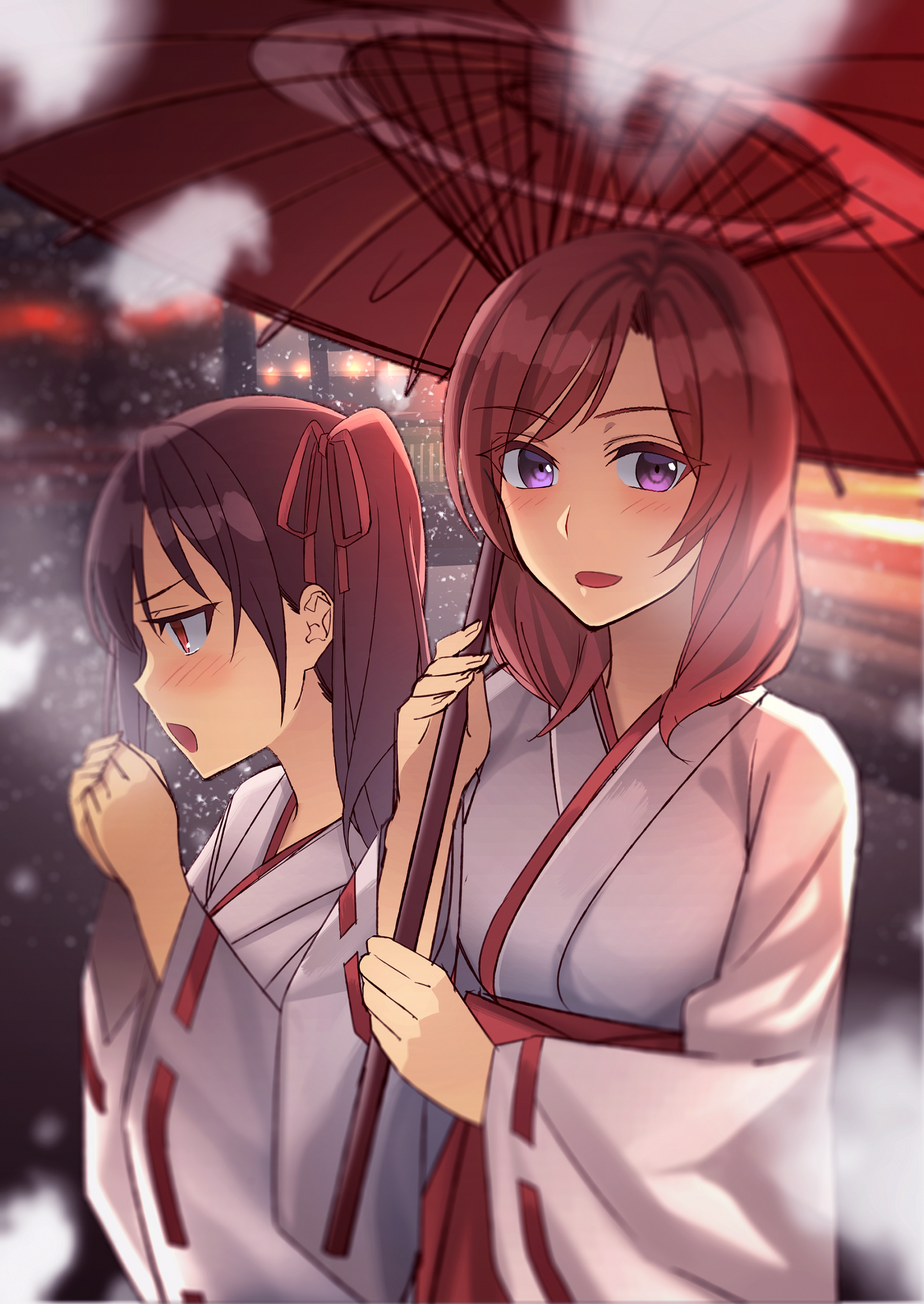 Two anime girls in Japanese clothes under an umbrella HD Wallpaper