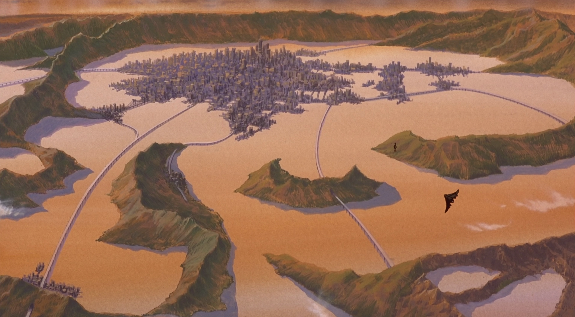 City in a crater with mountains and a flying craft HD Wallpaper