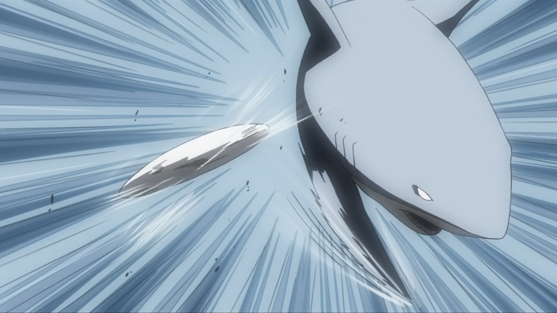 Shark attacking a surfboard with blue wind effects HD Wallpaper