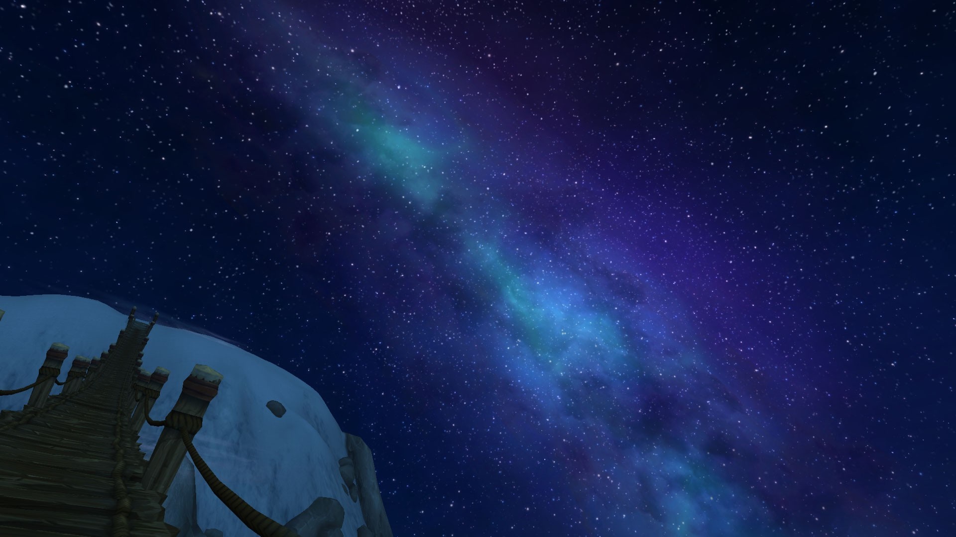 Night sky with galaxy and wooden bridge in World of Warcraft HD Wallpaper