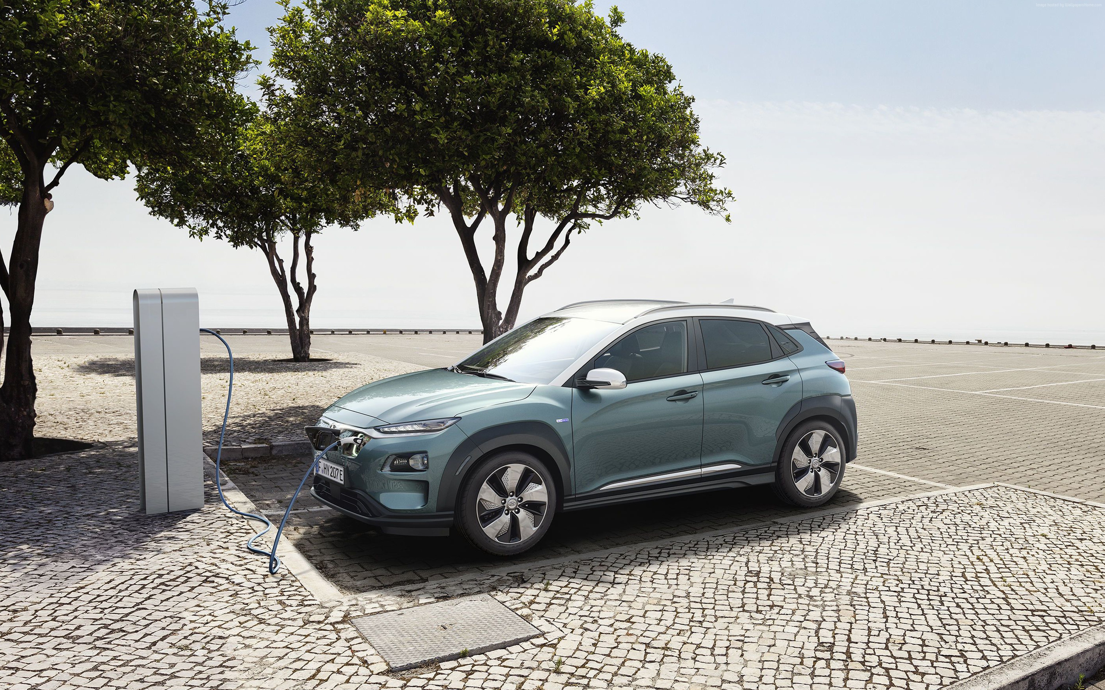 Hyundai Kona Electric charging at a charging station HD Wallpaper