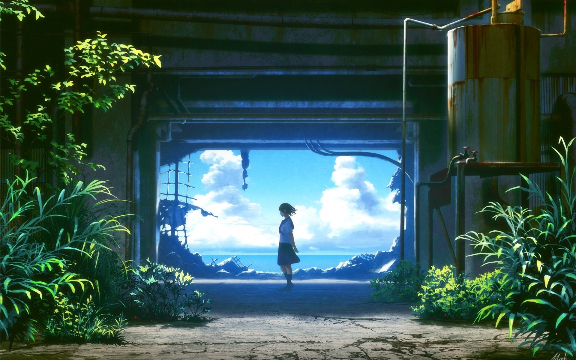 Girl in school uniform looking at a ruined seascape HD Wallpaper