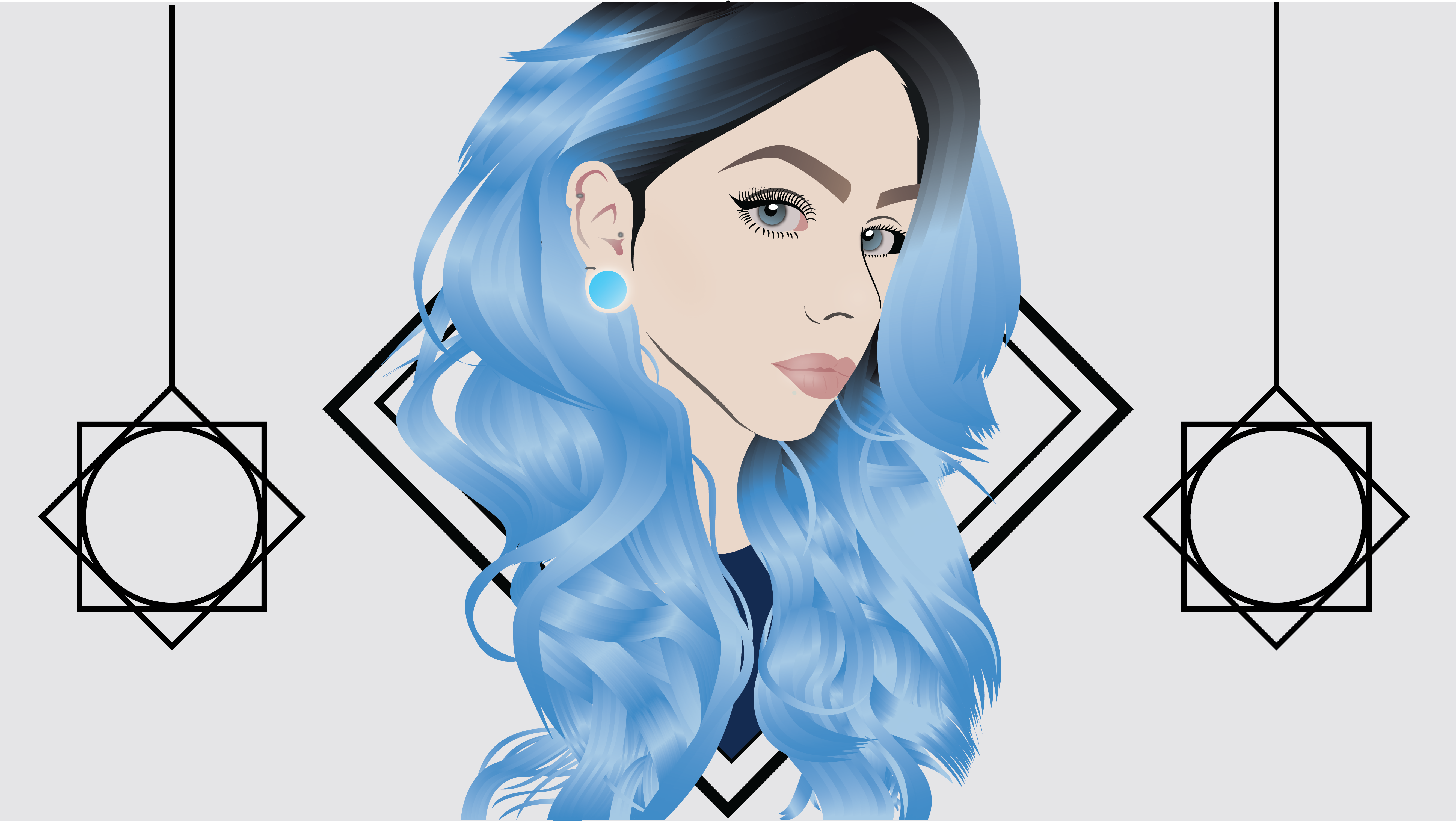 Illustration of a woman with blue hair and geometric shapes HD Wallpaper