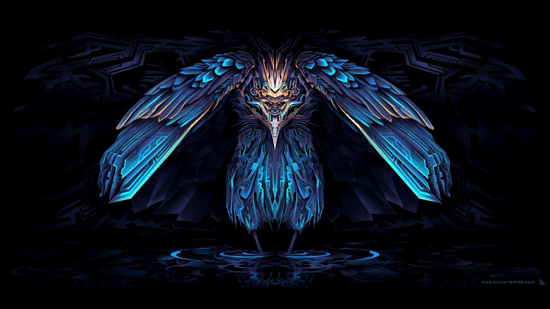 Symmetrical digital art of a mythical bird with blue wings HD Wallpaper