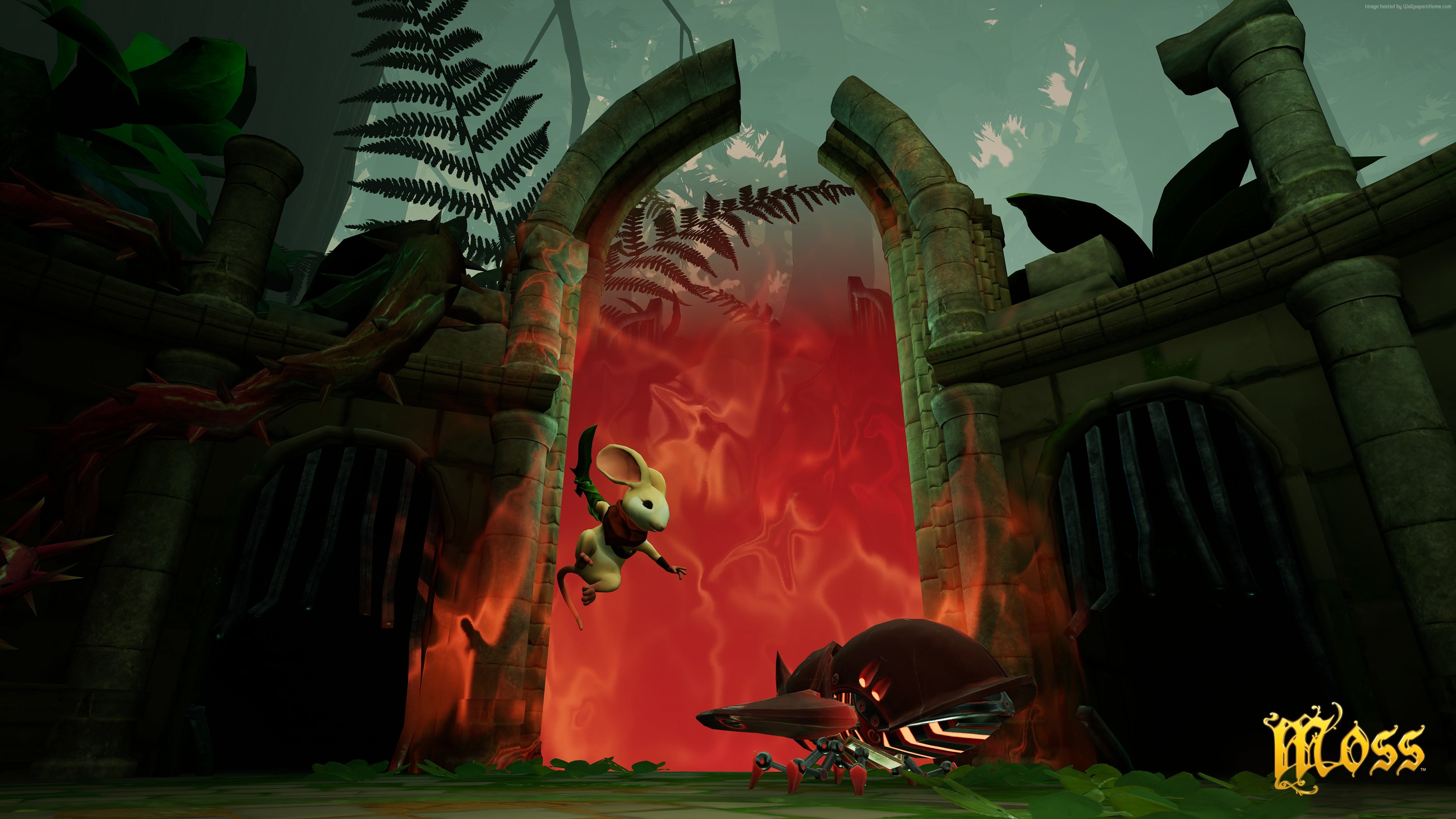 Quill the mouse from Moss in a fiery portal HD Wallpaper
