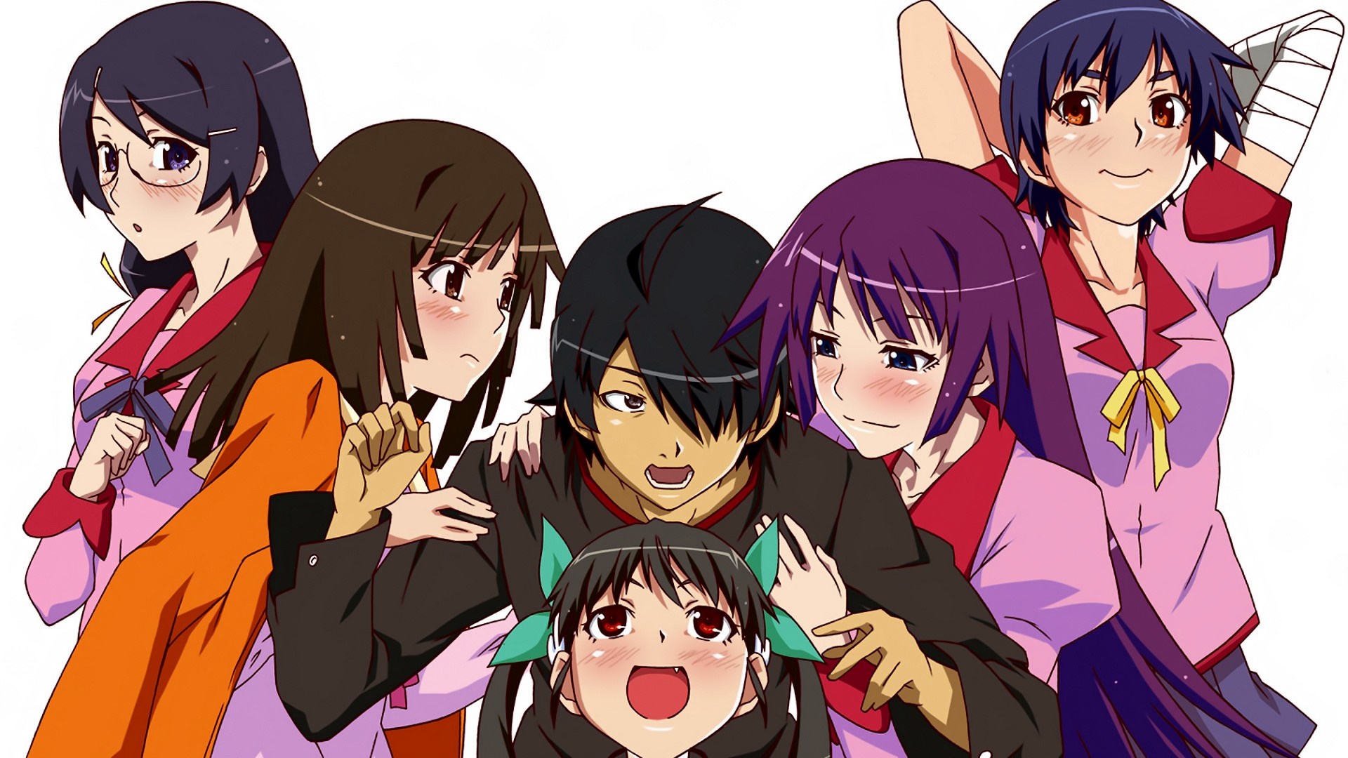 Monogatari Series characters: Araragi Koyomi, Hanekawa Tsubasa, Senjougahara Hitagi, Hachikuji Mayoi, Kanbaru Suruga, Sengoku Nadeko HD Wallpaper