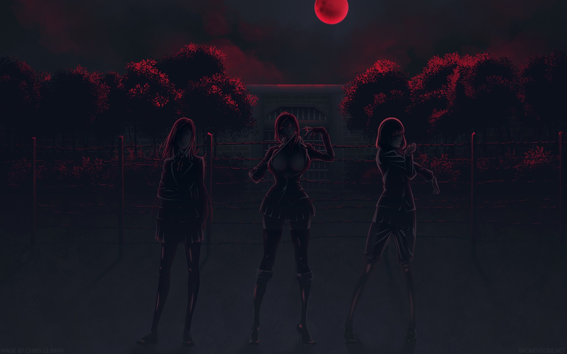 Three anime girls in front of a building at night HD Wallpaper