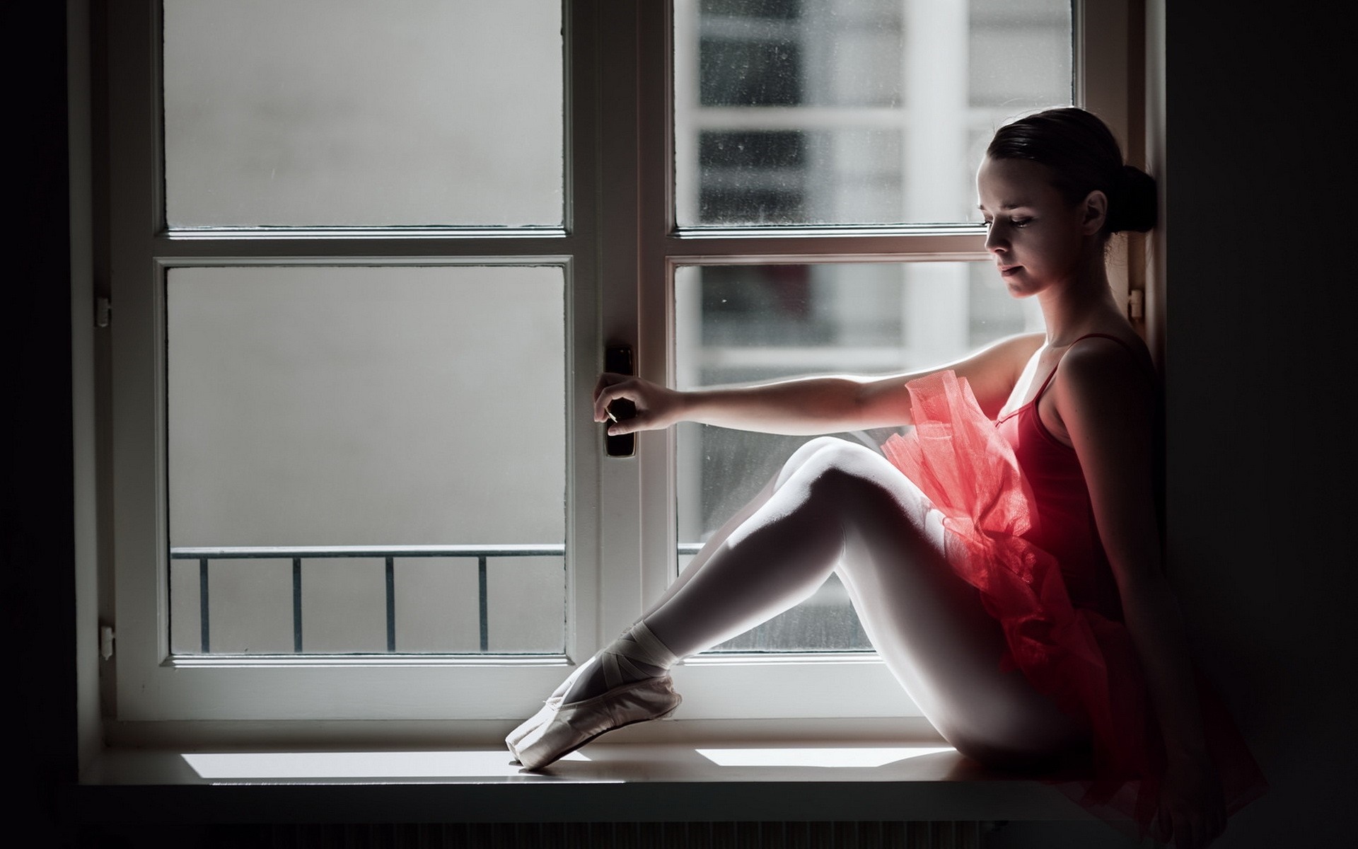 Ballerina in red dress sitting by the window HD Wallpaper