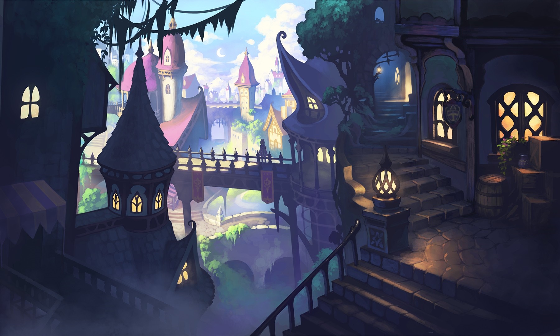 Fantasy city with towers and bridges at night HD Wallpaper