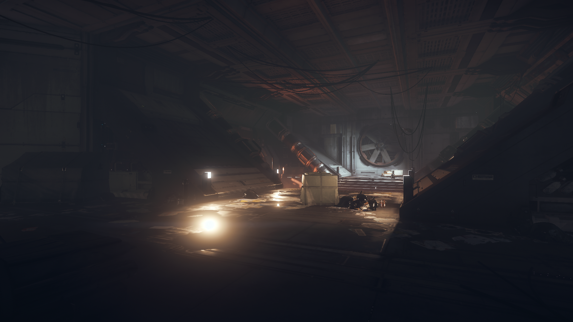 Star Citizen screenshot of a dark industrial interior HD Wallpaper