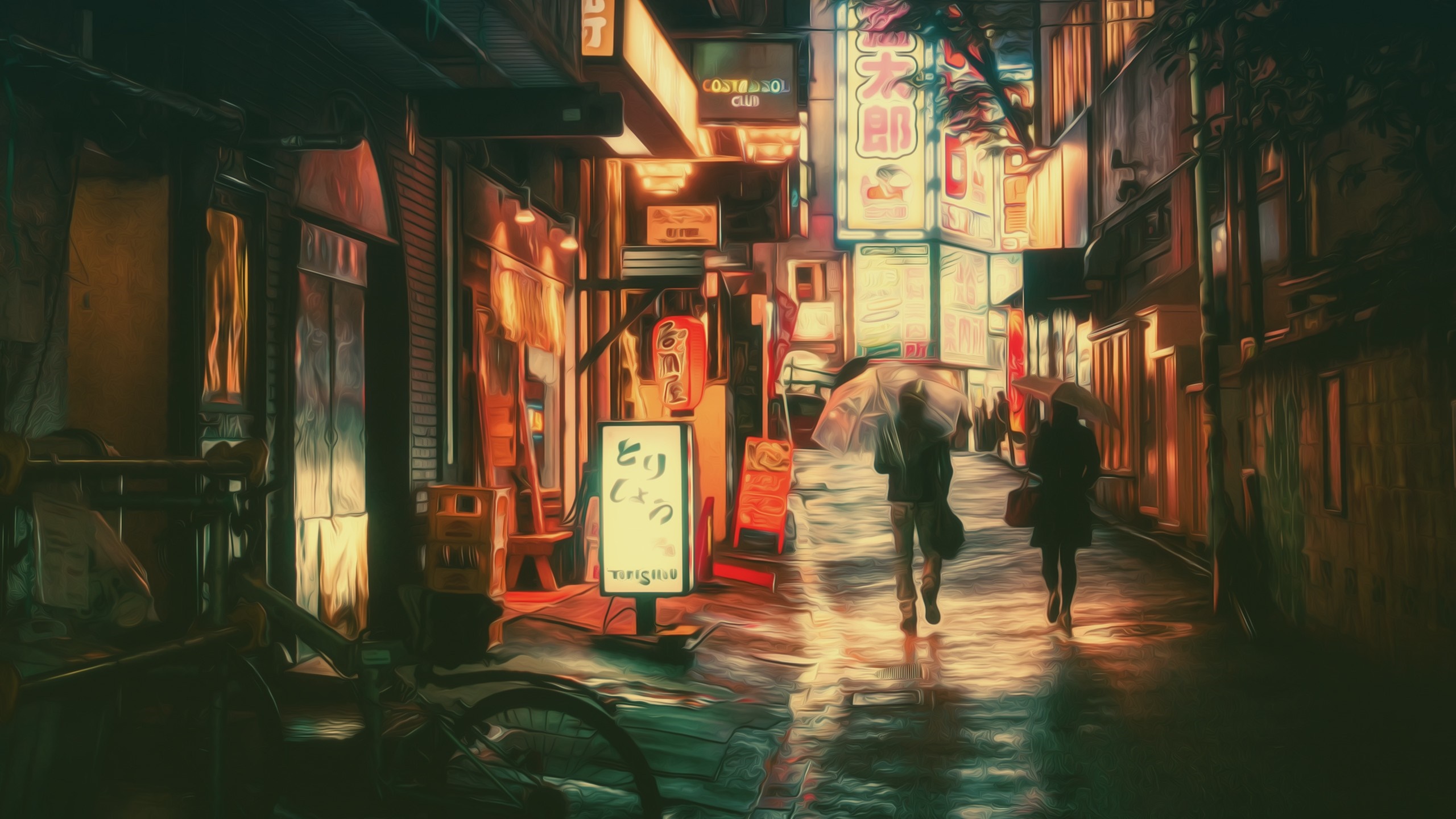Night street with neon lights and people walking with umbrellas HD Wallpaper