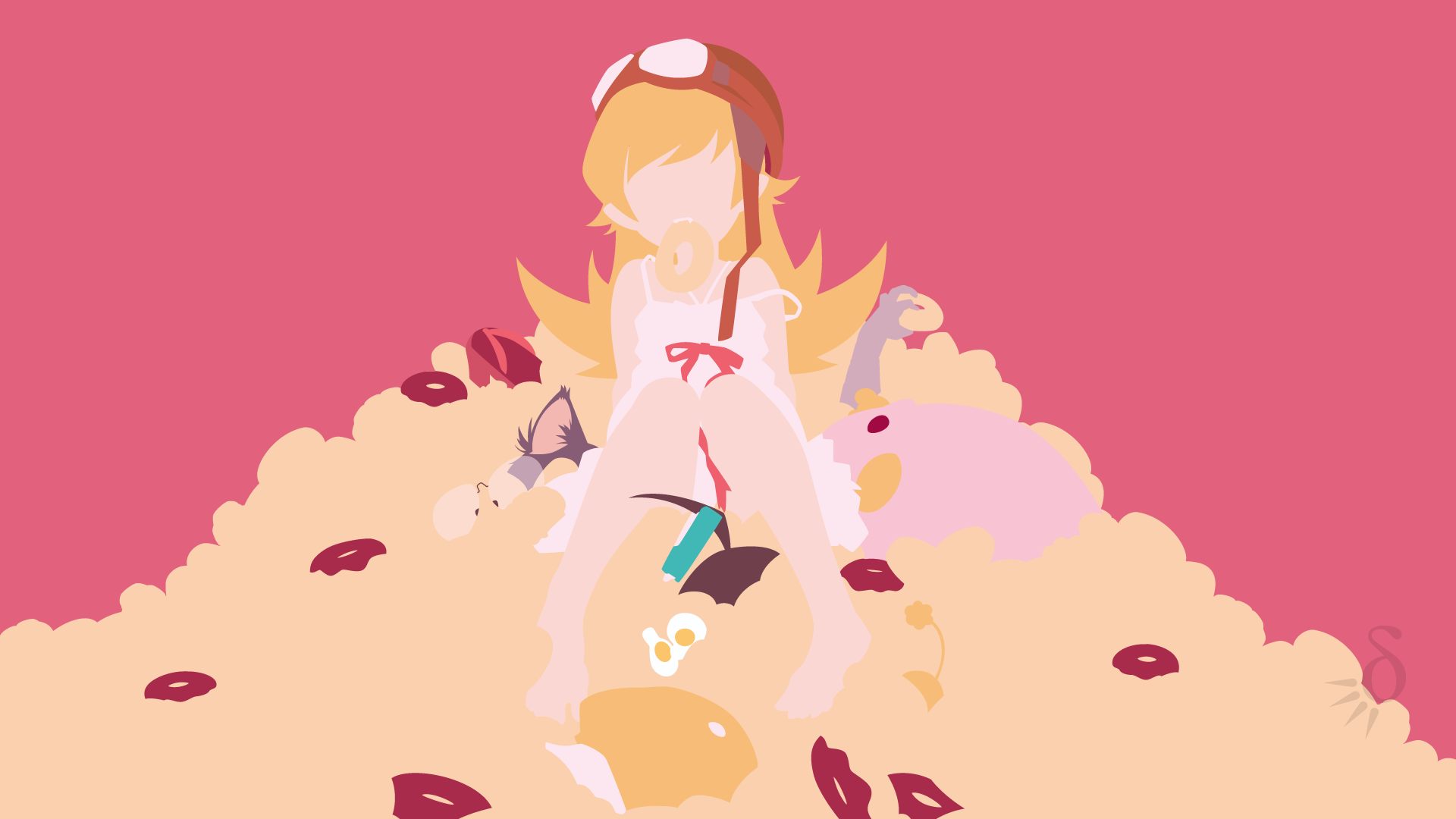 Oshino Shinobu from Monogatari Series sitting on donuts HD Wallpaper