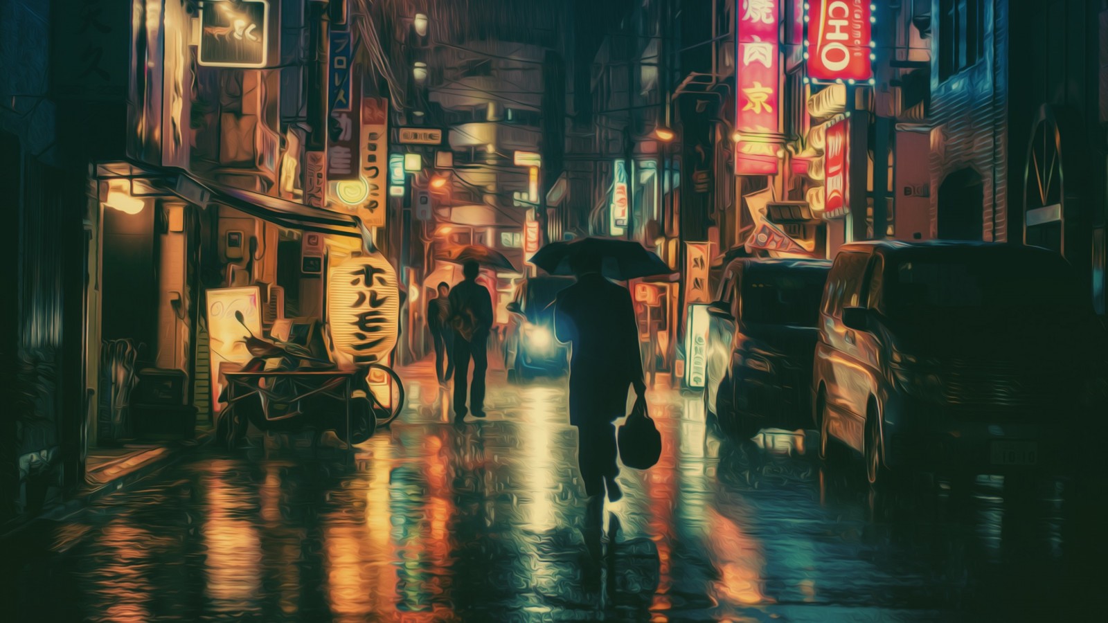 Night street in Japan with neon lights and reflections HD Wallpaper
