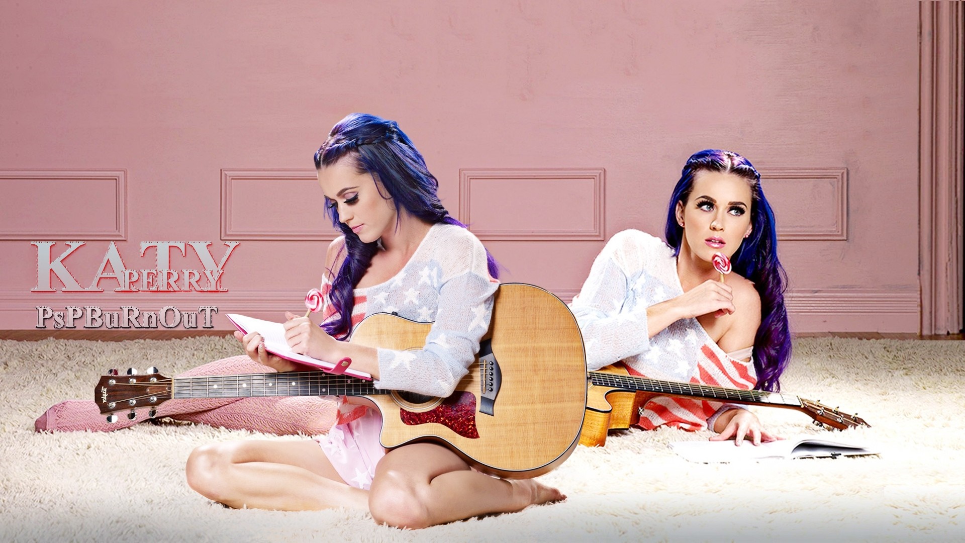 Katy Perry with guitars and lollipop HD Wallpaper