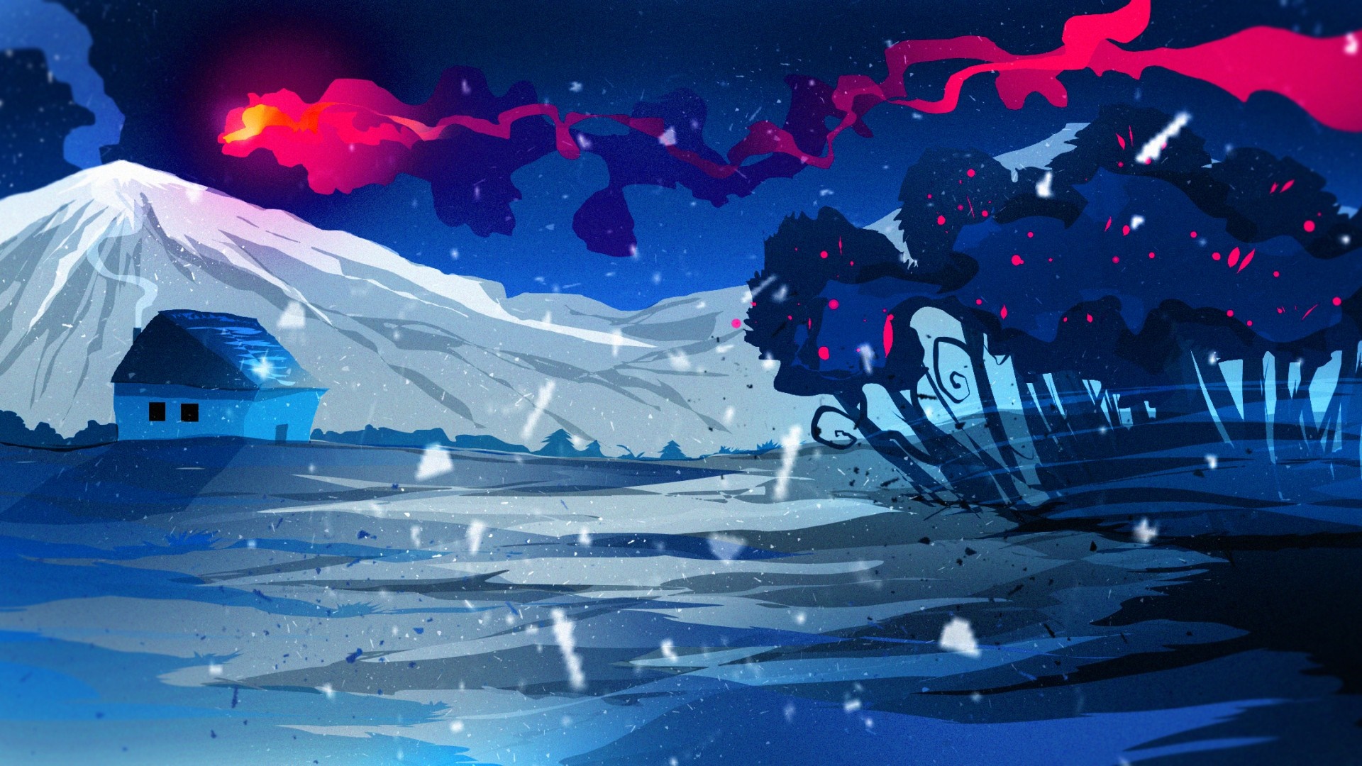 Digital painting of a snowy landscape with a volcano and a house HD Wallpaper