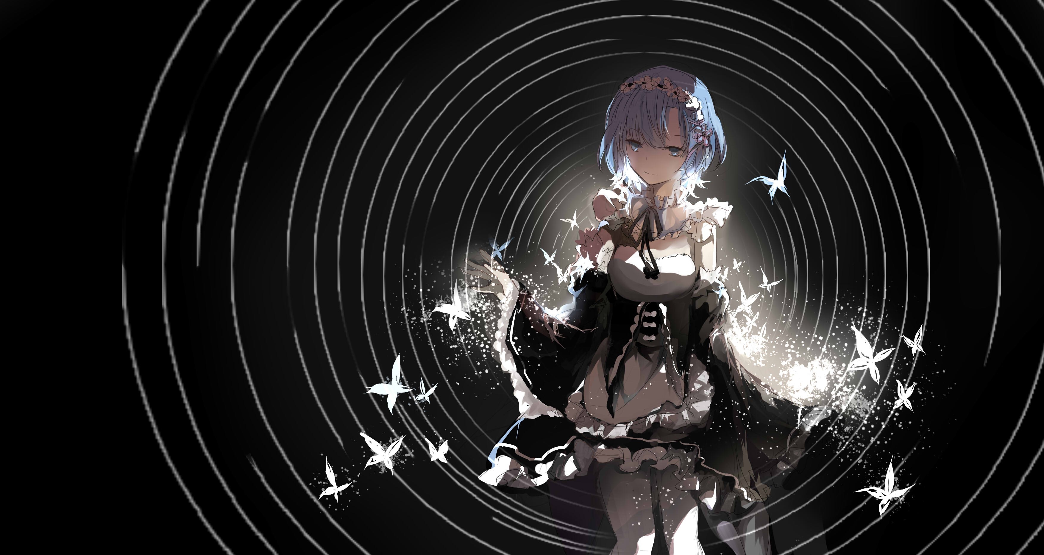 Rem from Re:Zero with glowing butterflies and circles HD Wallpaper