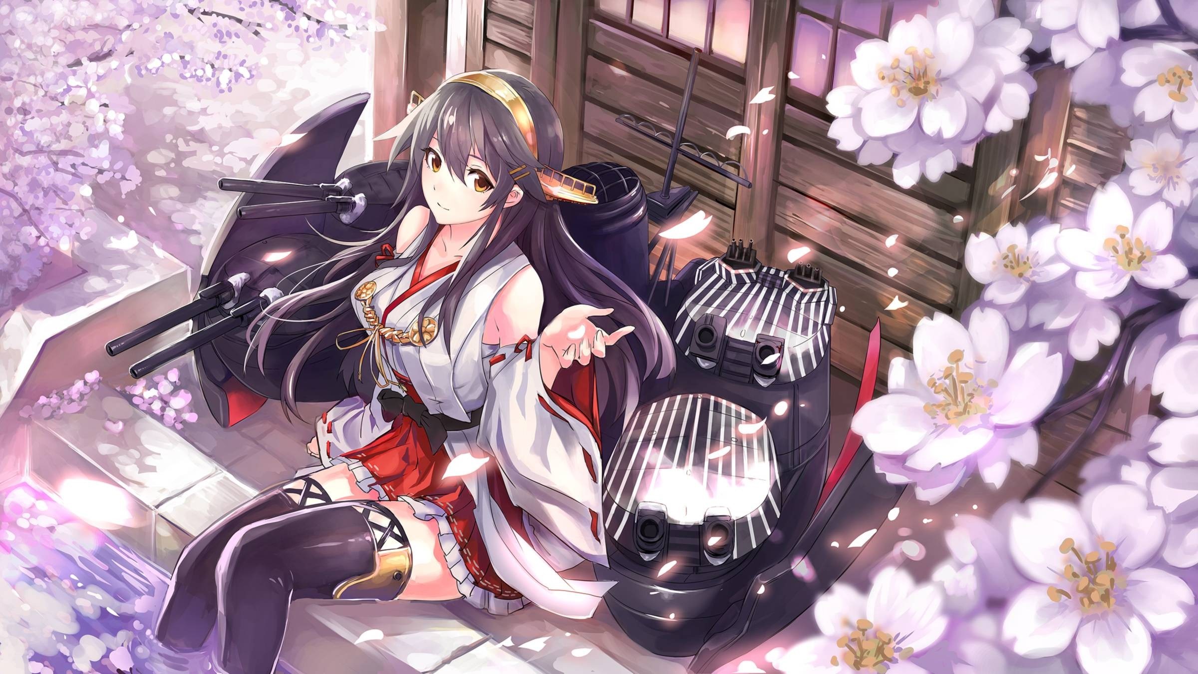 Haruna from Kantai Collection with Cherry Blossoms HD Wallpaper