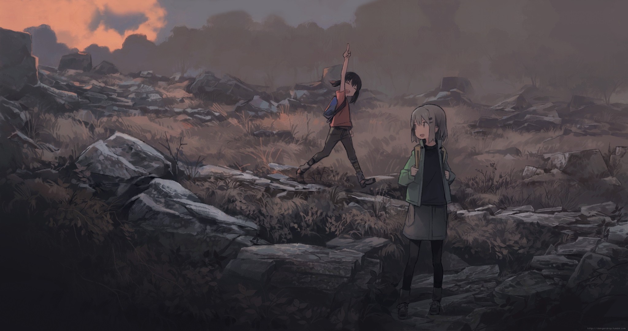 Two girls exploring a rocky, desolate landscape at dusk HD Wallpaper