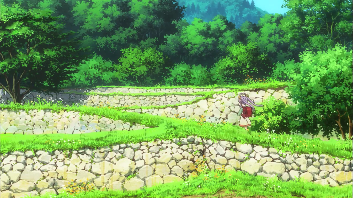 Anime girl walking through terraced fields HD Wallpaper