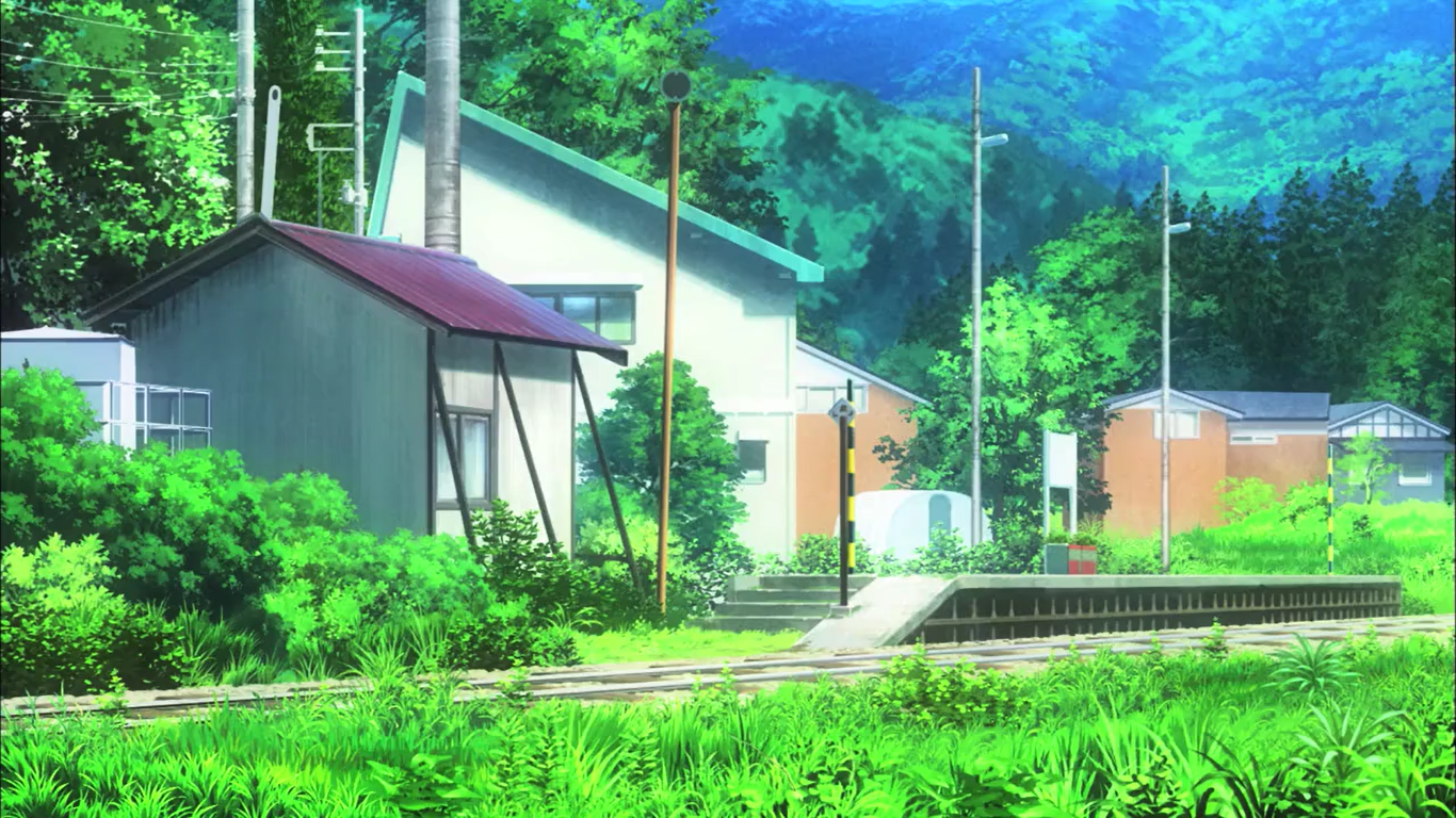 Anime landscape with train station and houses HD Wallpaper