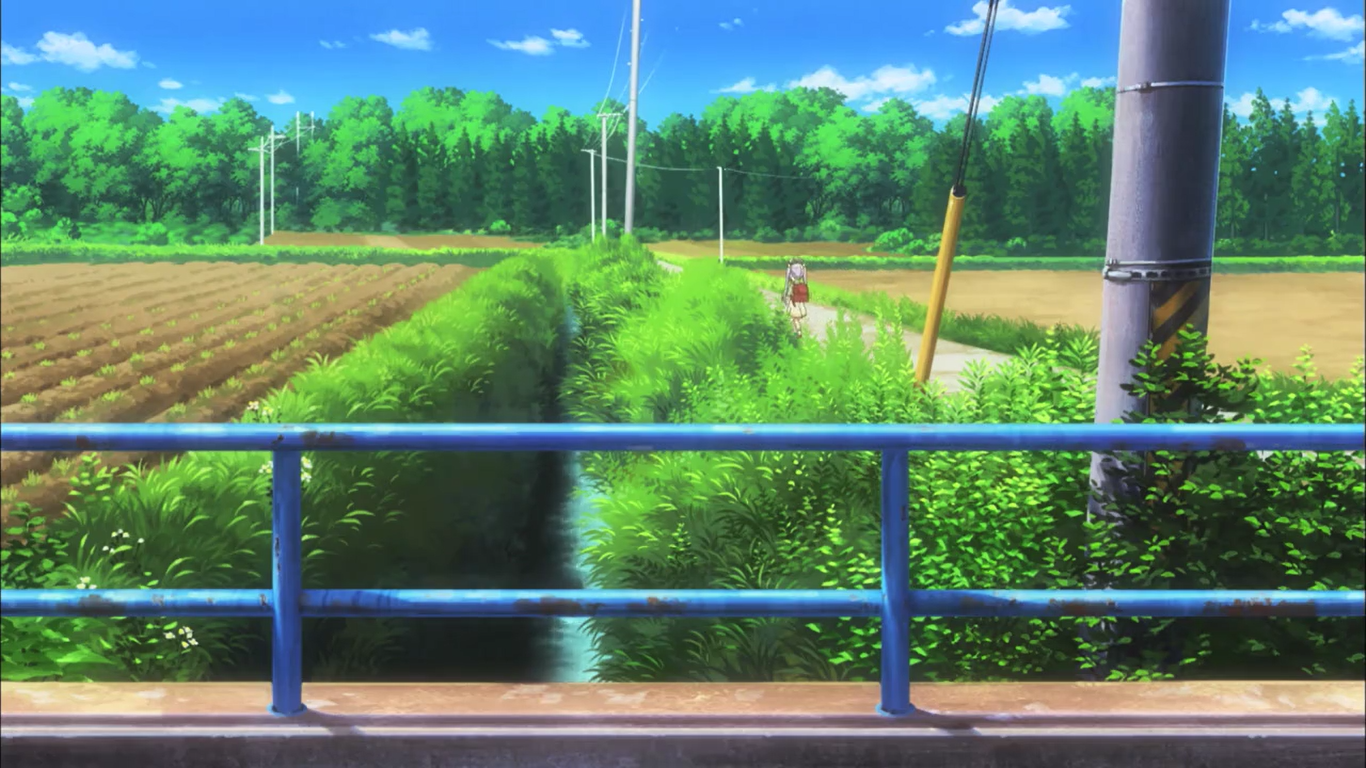 Anime landscape with a girl walking on a path HD Wallpaper