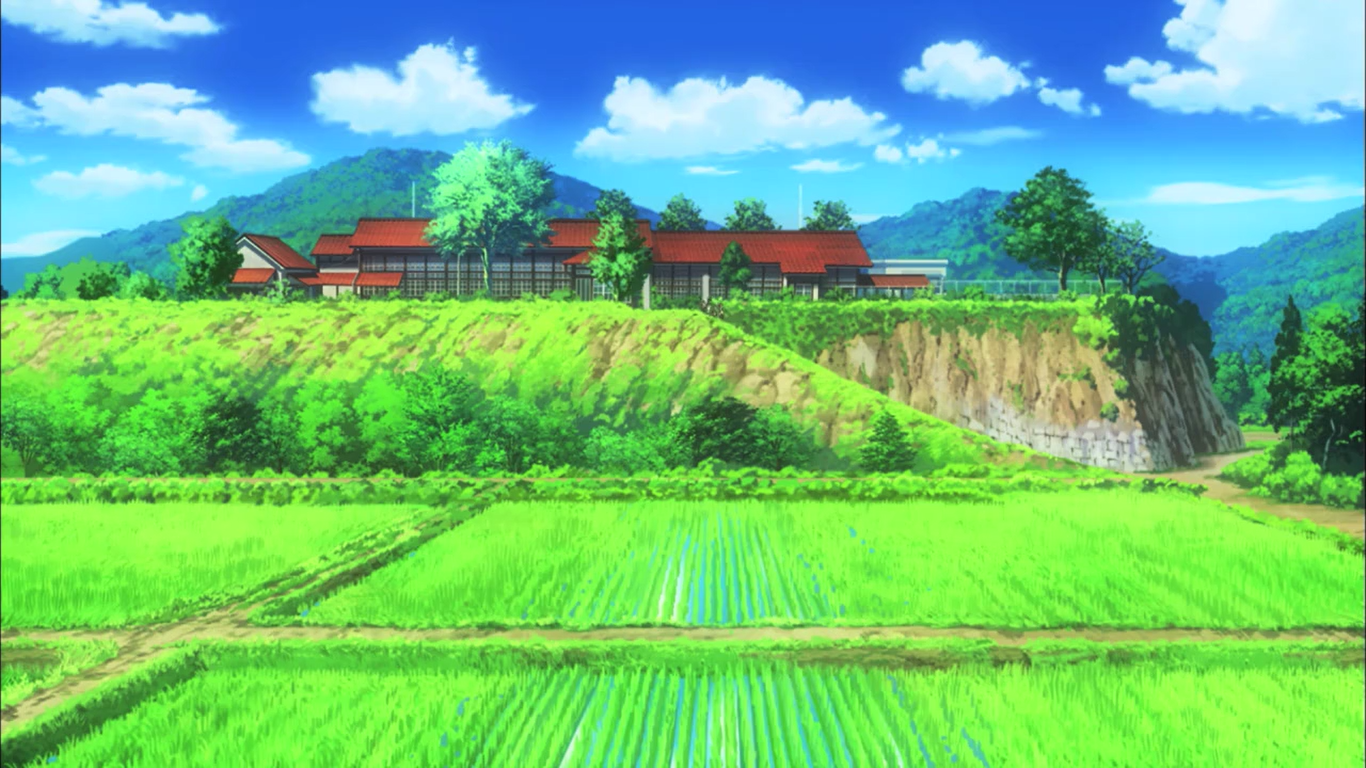 Anime landscape with rice paddies and mountains HD Wallpaper