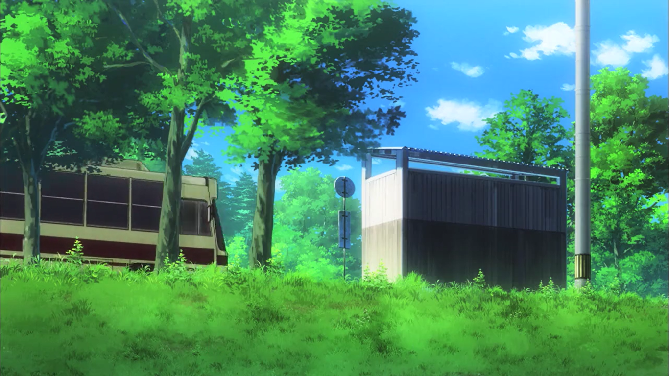 Anime landscape with bus stop and trees HD Wallpaper