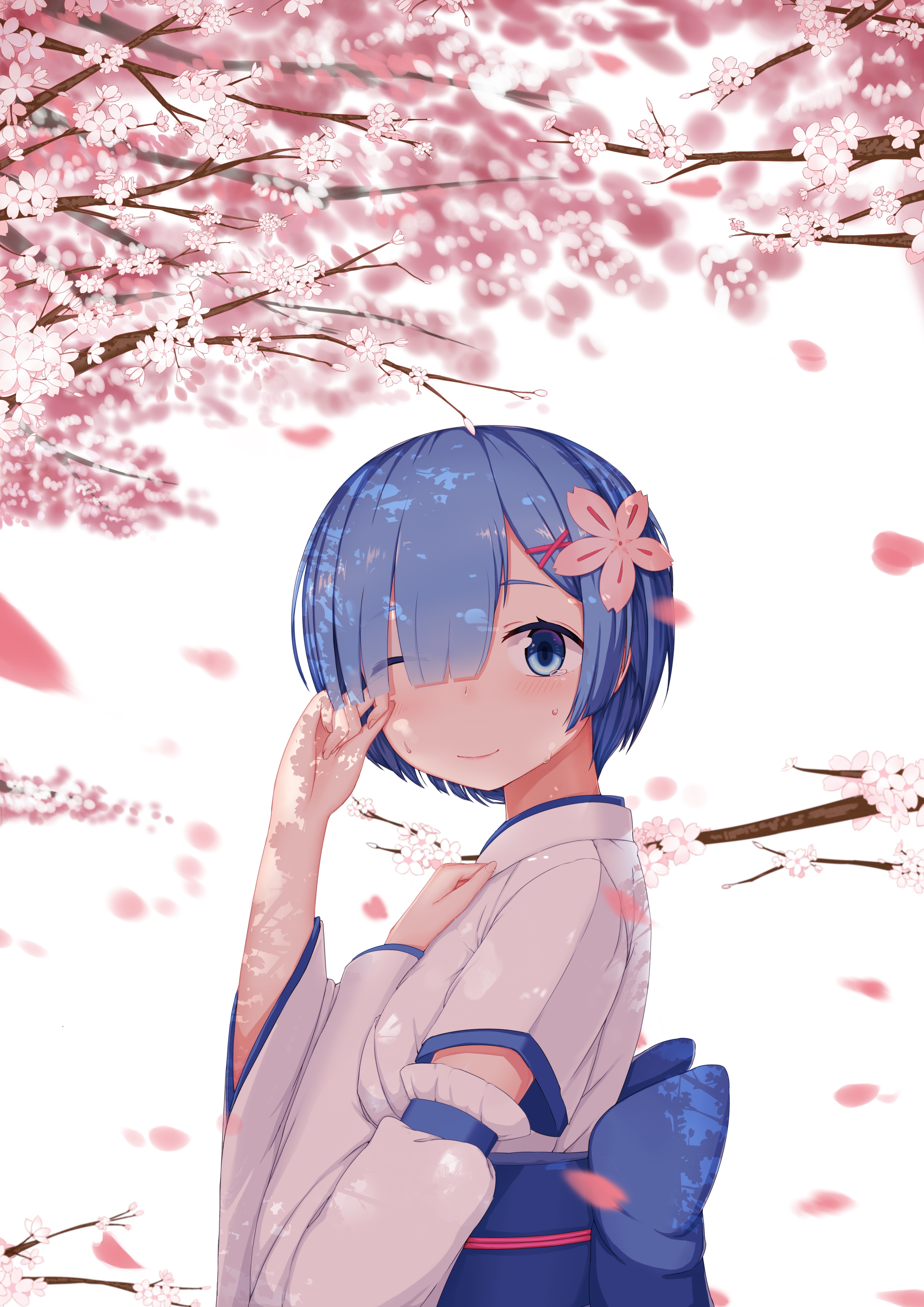 Rem from Re:Zero wearing a kimono under cherry blossoms HD Wallpaper