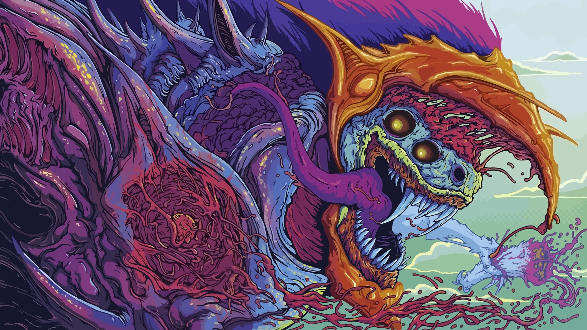 Illustration of a monstrous dragon with psychedelic art style HD Wallpaper