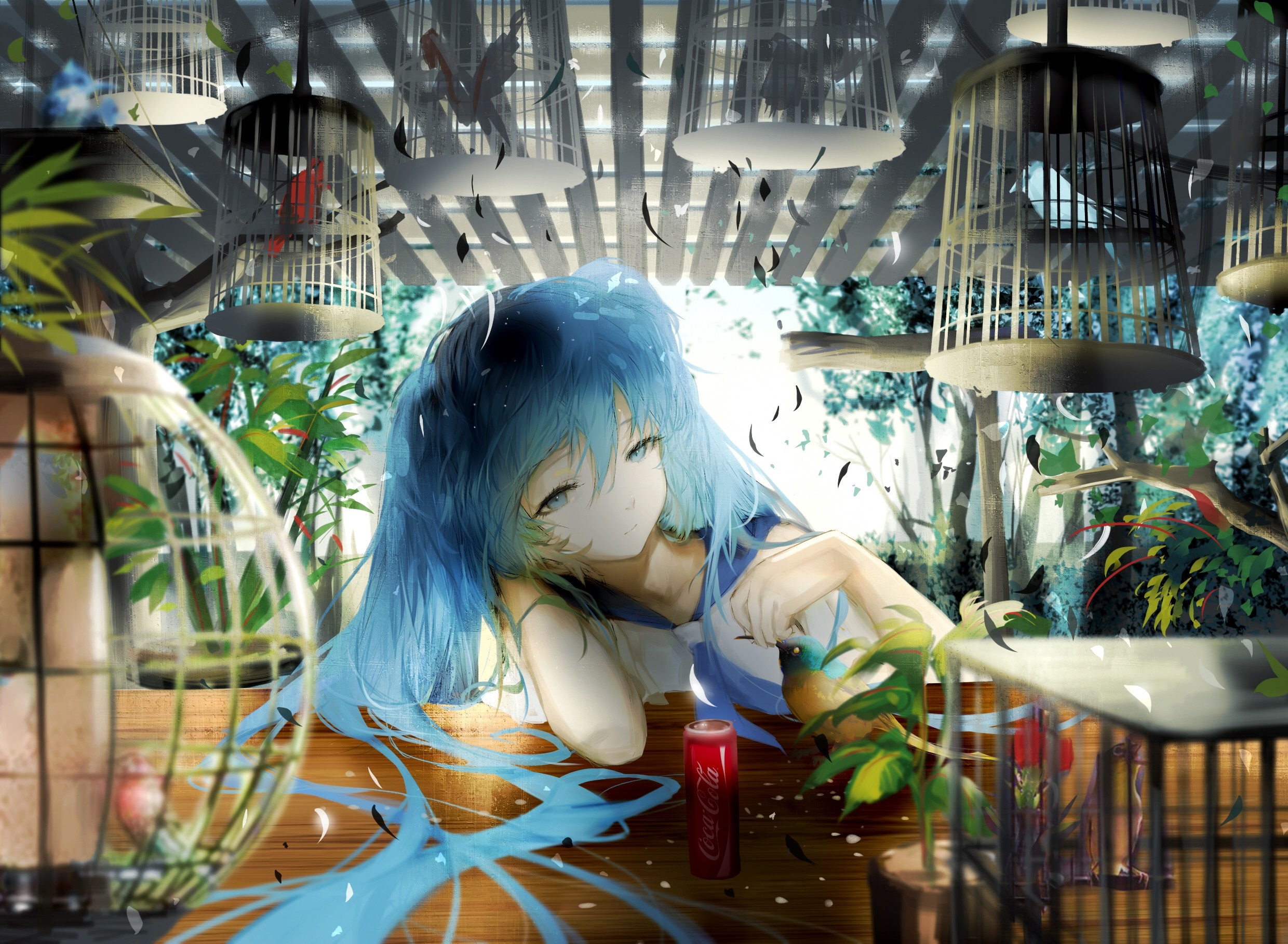 Hatsune Miku with birds and cages HD Wallpaper