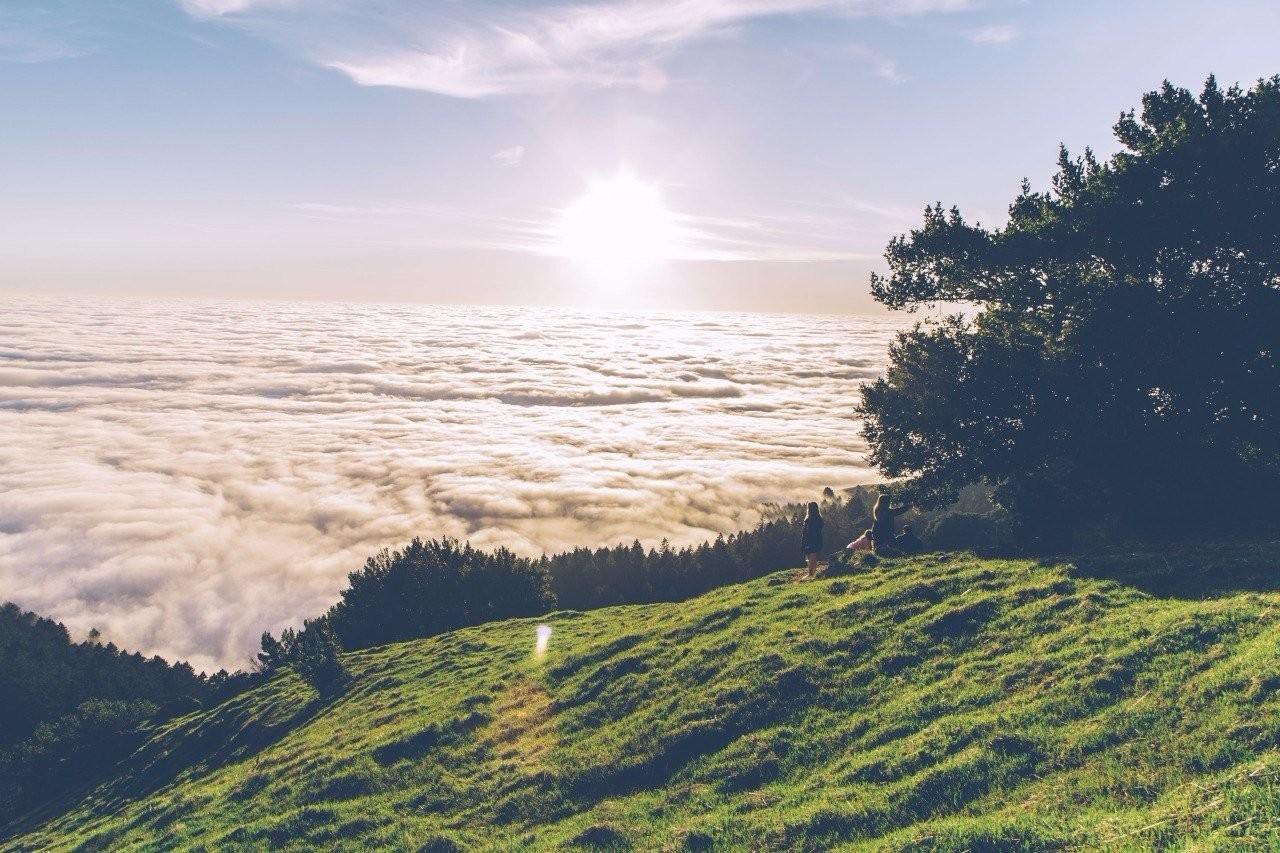 People on a grassy hill above clouds at sunset HD Wallpaper