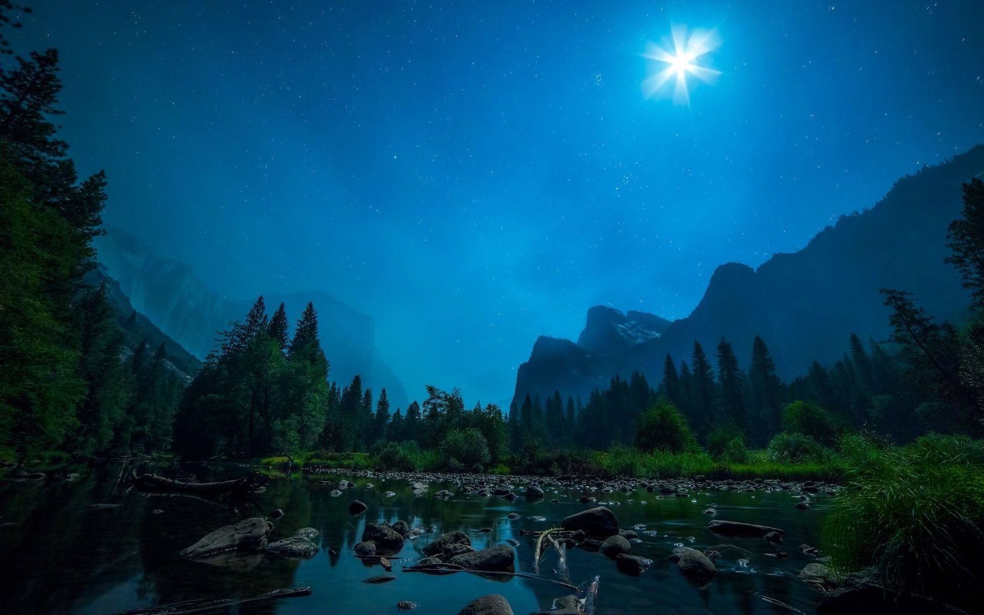 Night landscape with moonlit river and mountains HD Wallpaper