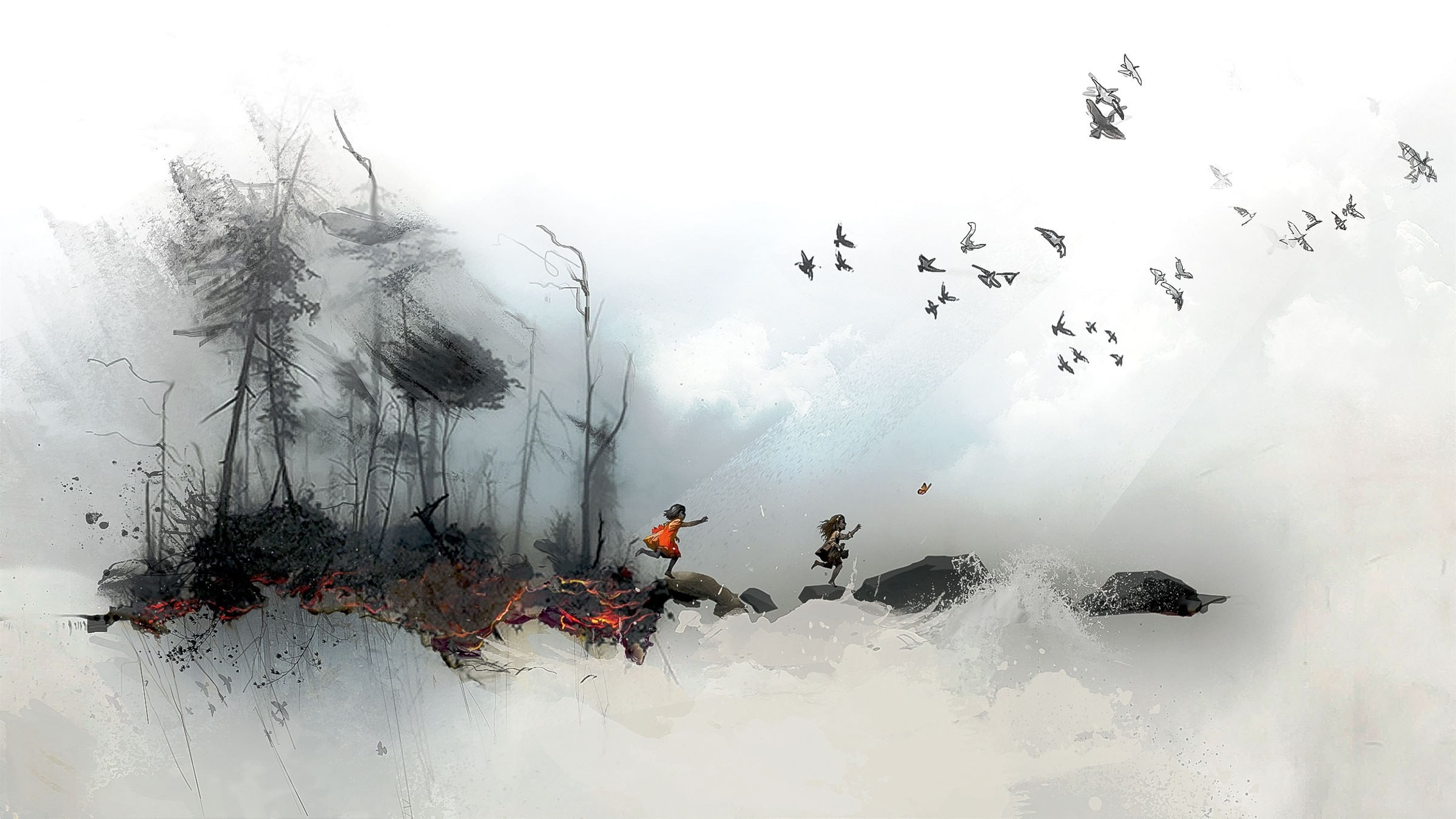 Two children running through a misty landscape with birds flying HD Wallpaper