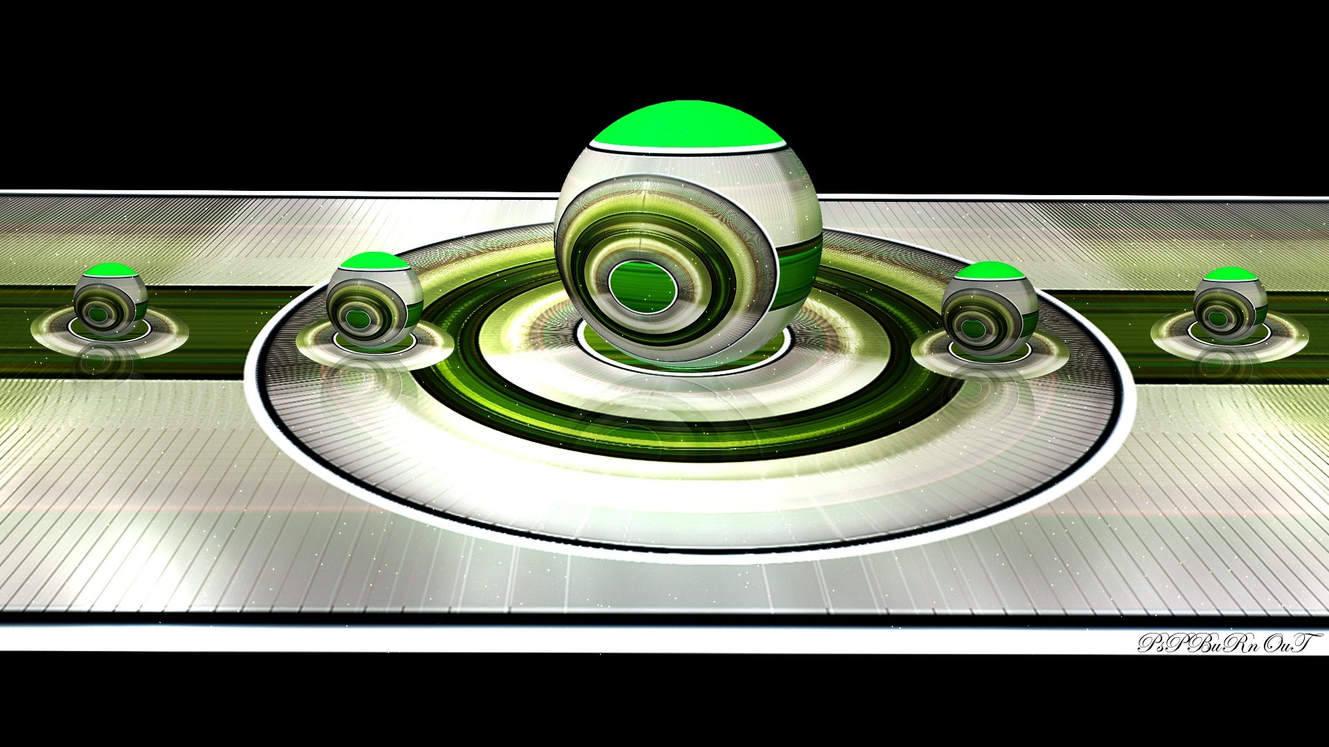 Abstract 3D spheres with green tops on a metallic surface HD Wallpaper