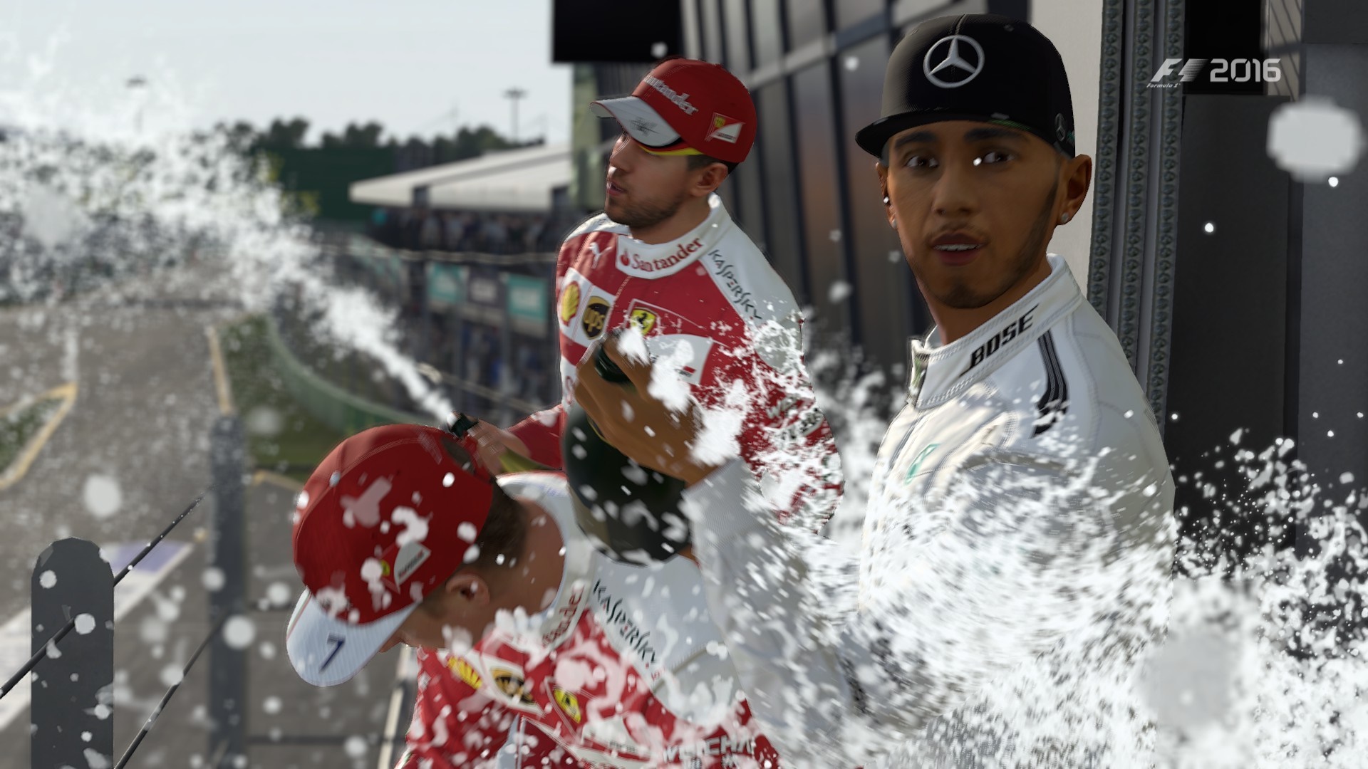 Lewis Hamilton and Sebastian Vettel celebrating with champagne HD Wallpaper