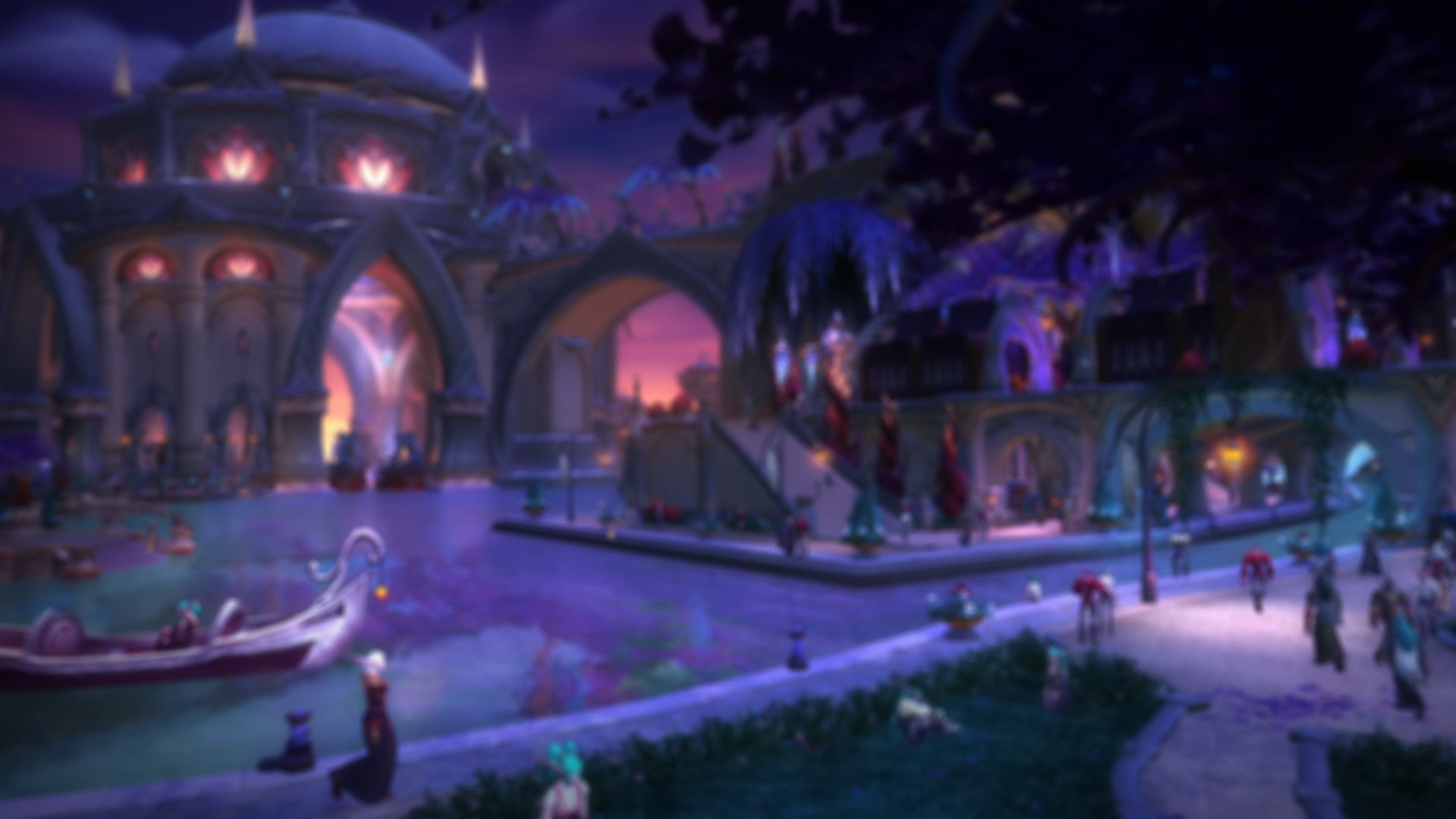 World of Warcraft blurred landscape with buildings and people HD Wallpaper