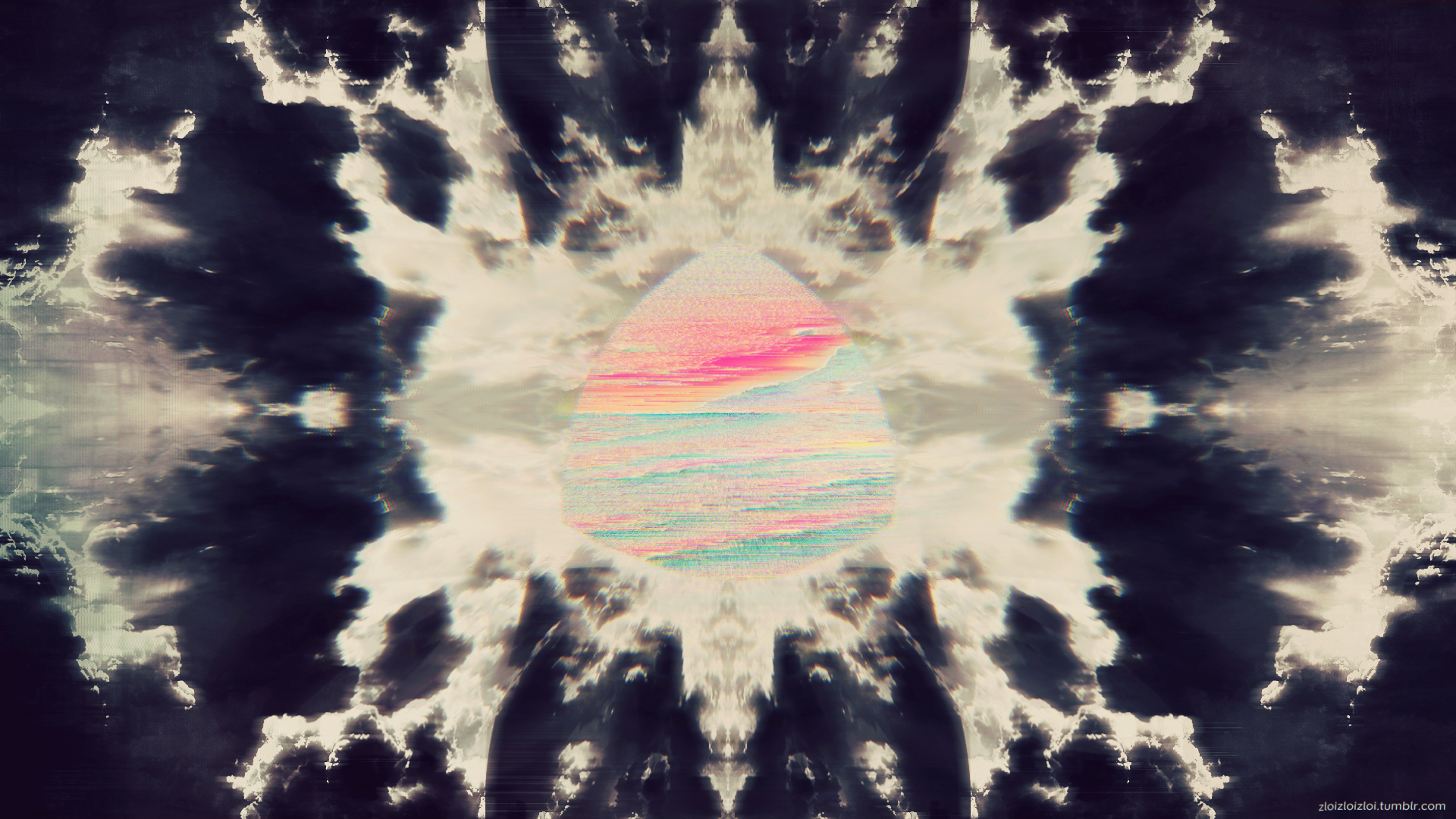 Abstract symmetrical clouds with a glitch art planet HD Wallpaper