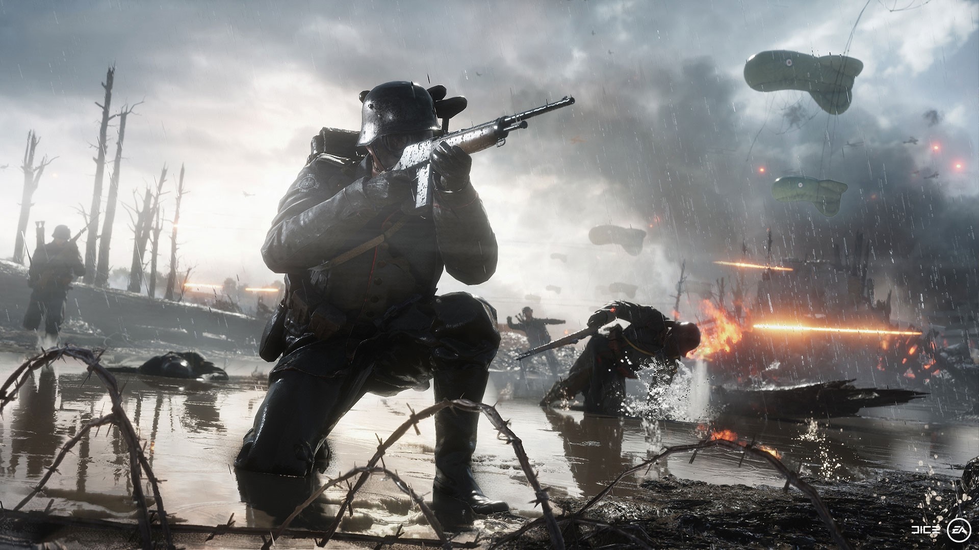 Soldiers in a muddy battlefield with airships HD Wallpaper
