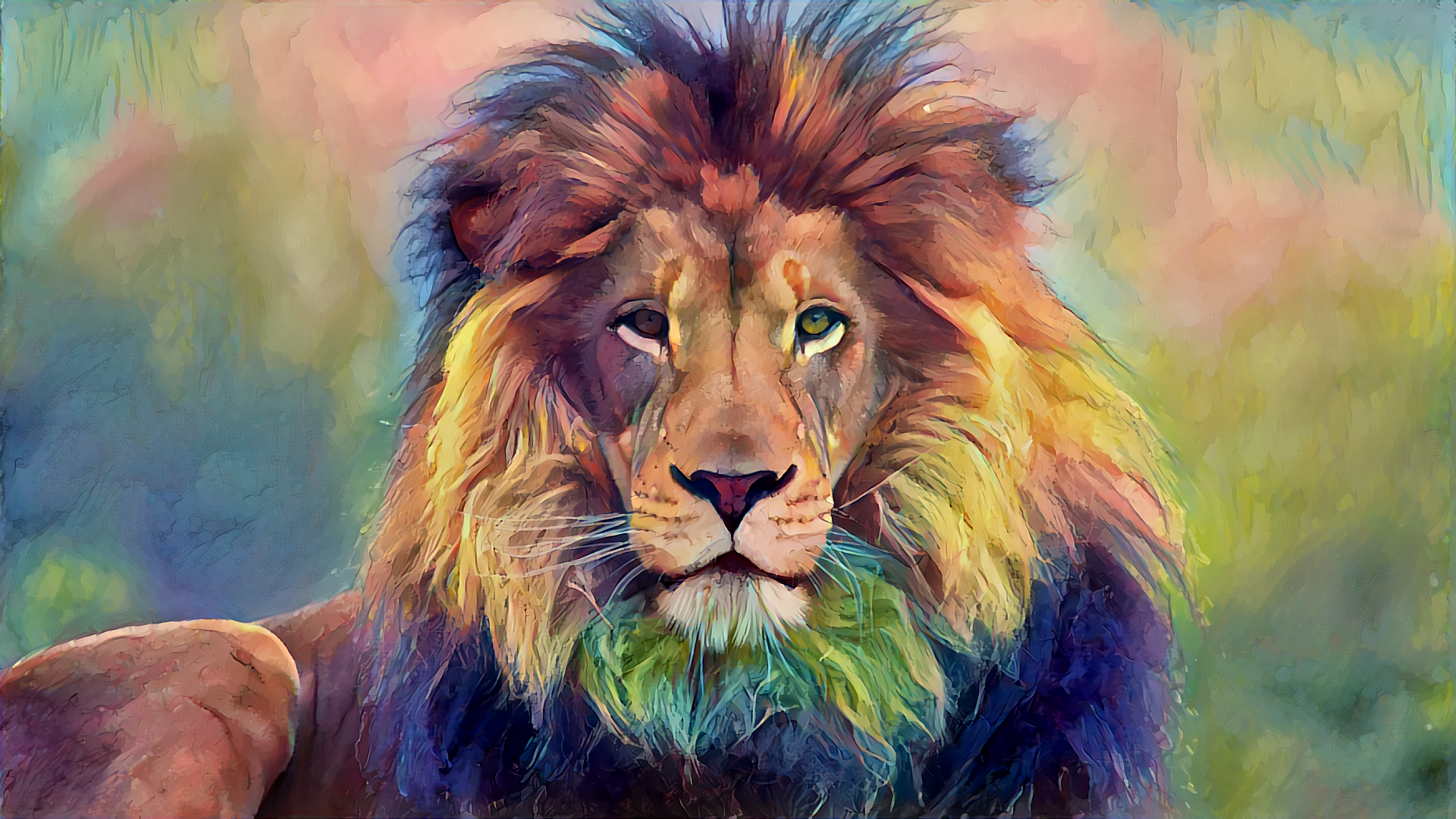 Lion with colorful mane and background HD Wallpaper