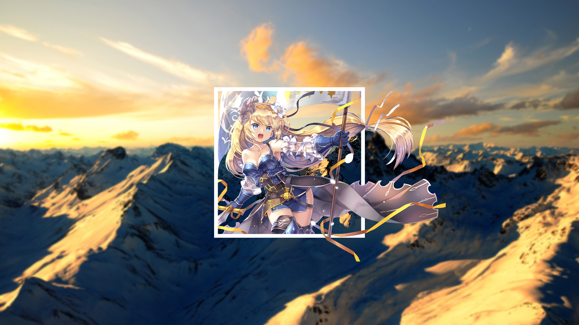 Anime girl with flag in snowy mountains at sunset HD Wallpaper
