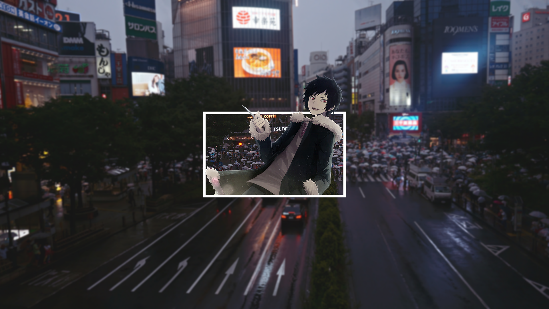 Orihara Izaya from Durarara!! in Shibuya Crossing at night HD Wallpaper