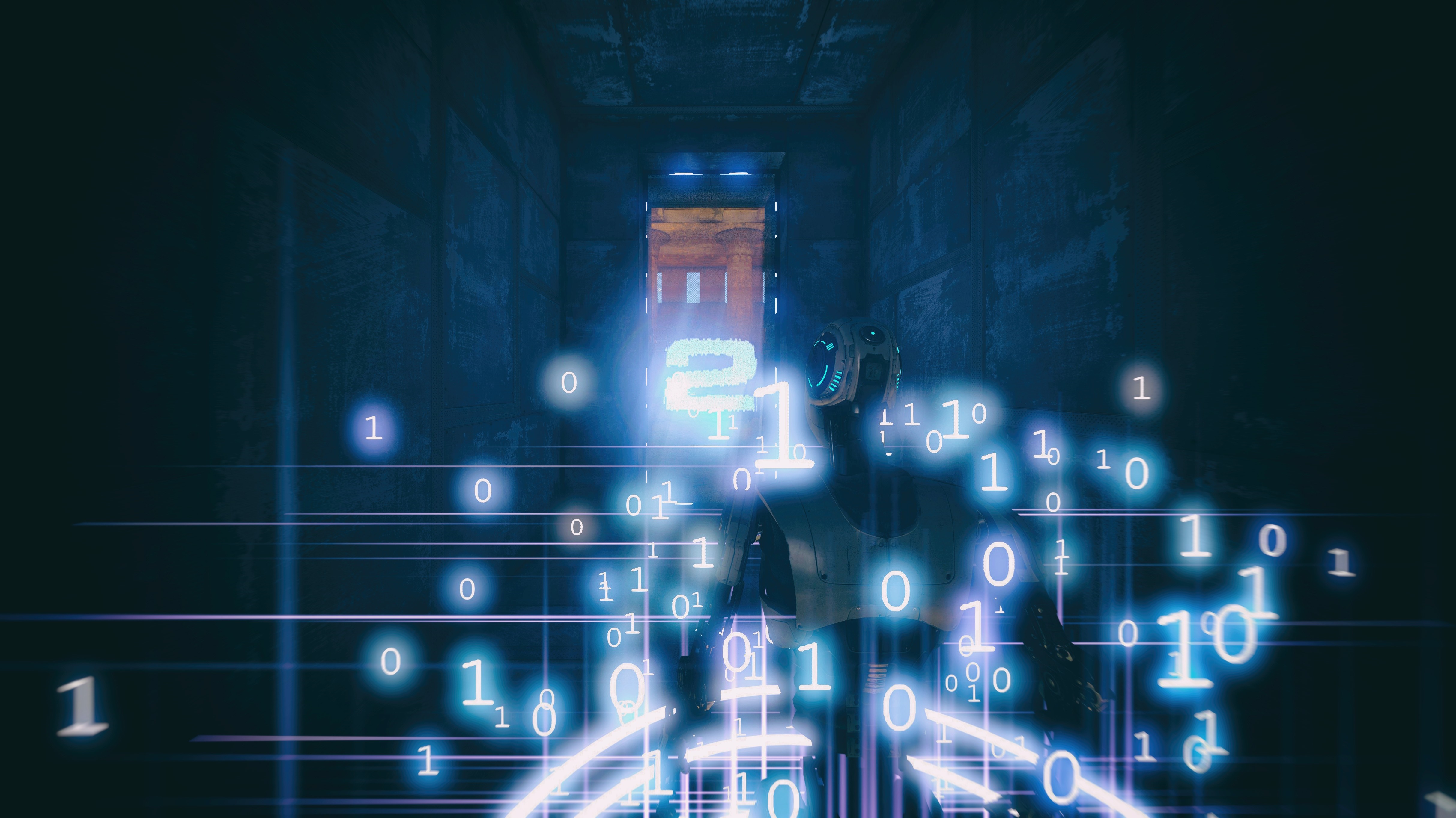 Robot in a dark hallway with binary code HD Wallpaper